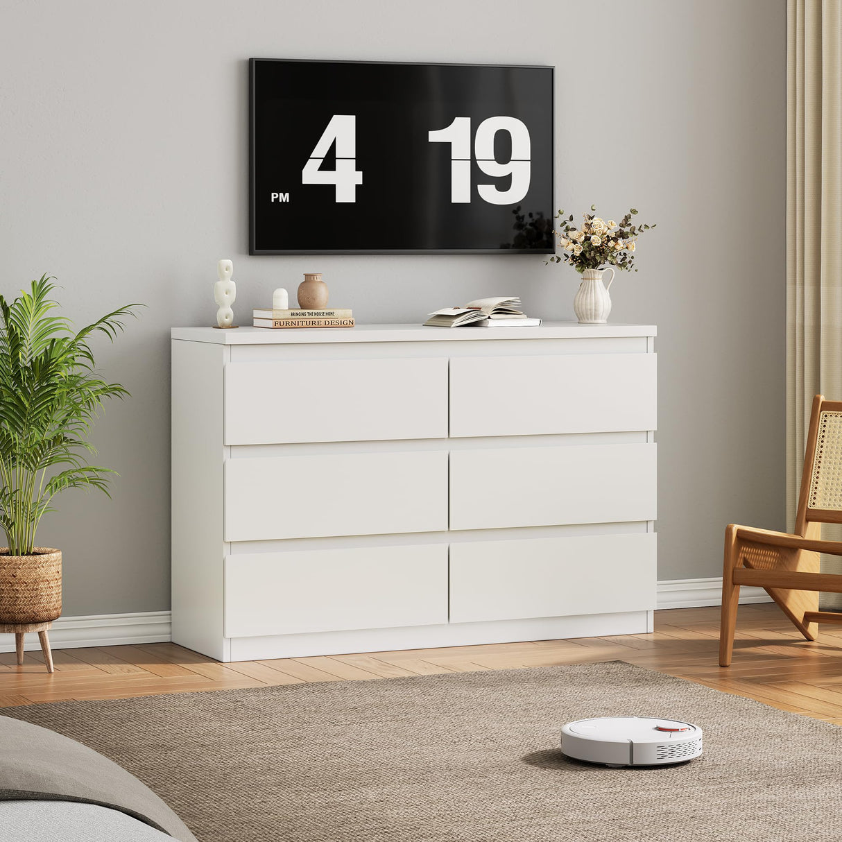 Jocoevol White 6 Drawer Dresser for Bedroom, 15.3" D x 47.2" W x 32.3" H in Simply Modern Chest of Drawers, Wood Storage Double Dresser with Deep Drawers for Living Room, Hallway Entryway, White Jocoevol