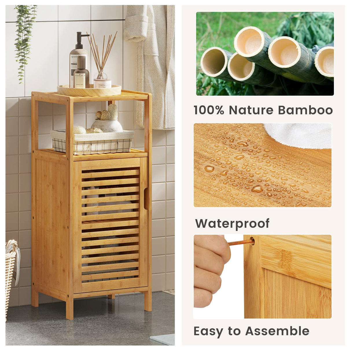 VIAGDO Bamboo Cabinet, Bathroom Storage Cabinet with Single Door and Shelf, Freestanding Bathroom Cabinet, Kitchen Cupboard, Sofa Side Table for Living Room/Hallway/Kitchen VIAGDO