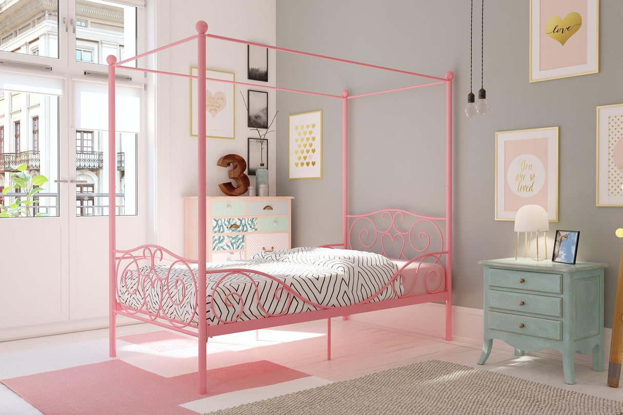 Twin Canopy Bed Frame for Girls, Pink Metal Princess Bed with Heart Design, No Box Spring Needed, Weight Capacity 225 lbs, Underbed Storage Space WoodArtSupply