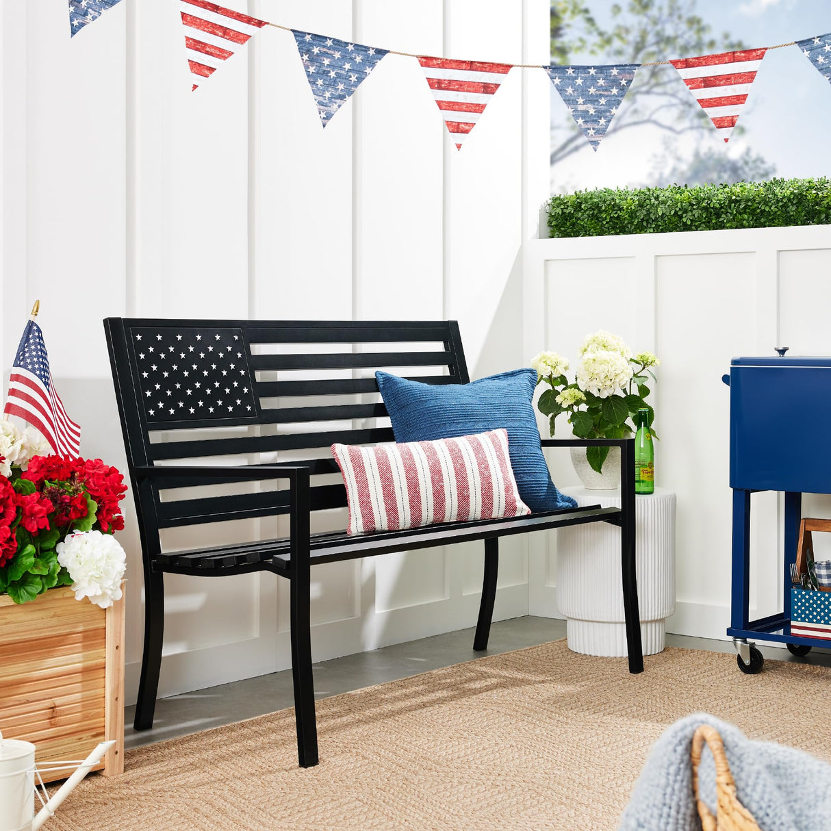 Best Choice Products Outdoor Bench 2-Person Steel Indoor/Outdoor Bench for Garden, Patio, Porch, Entryway w/American Flag, 790lb Capacity – Black Best Choice Products