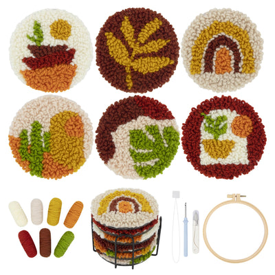 Temlum Punch Needle Coasters Kit, Punch Needle Embroidery Kit for Beginners and Adults Including Patterns, Tools, Yarns, Hoop, Instruction, Coaster Holder Coaster Art Craft Supplies (Plants)