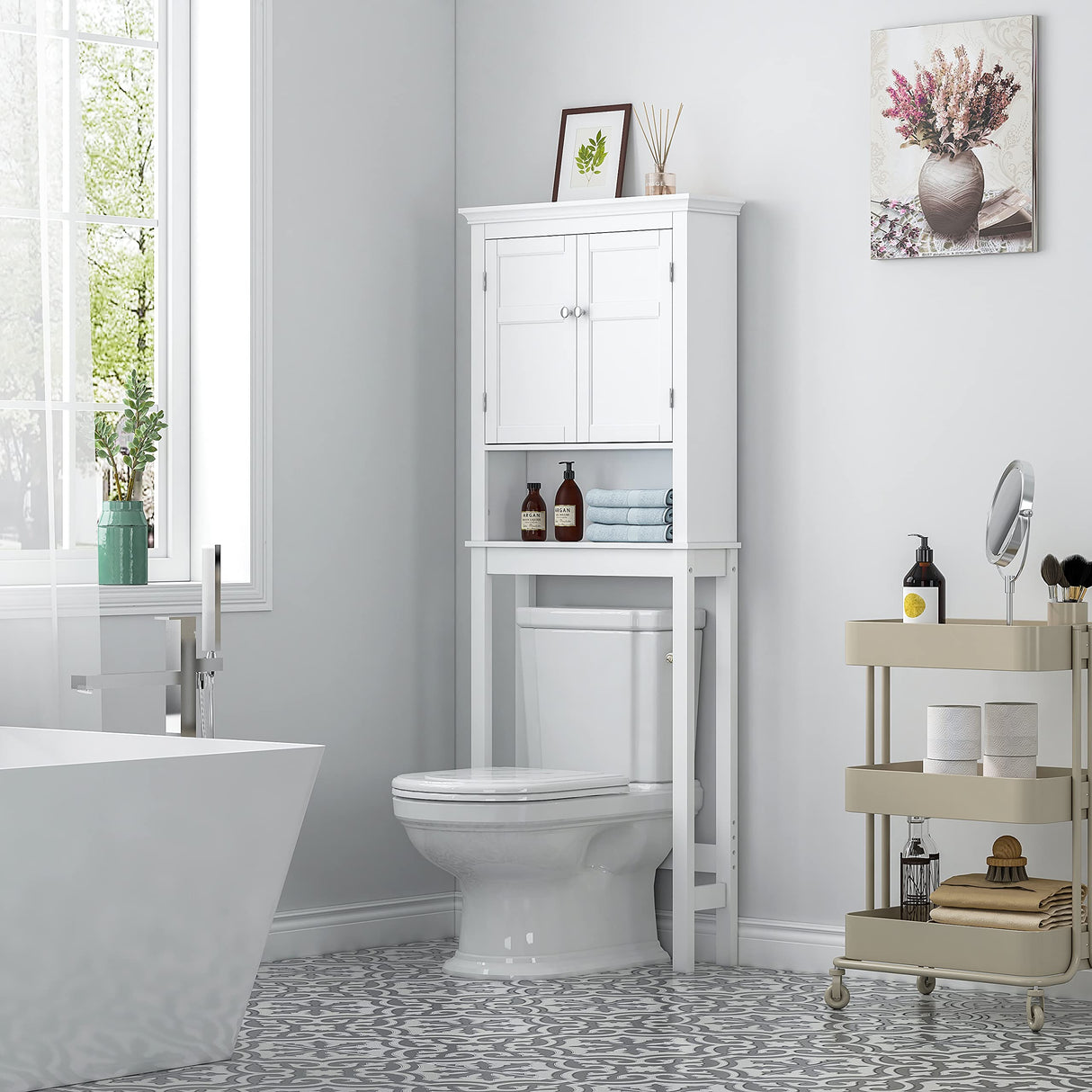 UTEX Over The Toilet Storage Cabinet, Over Toilet Bathroom Organizer with Adjustable Shelves, Above Toilet Storage Cabinet Space Saver, White UTEX