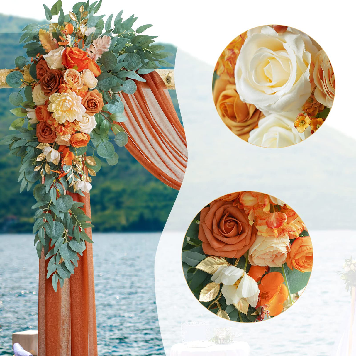ponatia Artificial Wedding Arch Flowers Kit(Pack of 3) with 26Ft Shiny Wedding Arch Draping Fabric, Arch Flowers for Wedding Ceremony and Reception Backdrop Wedding Decoration (Burnt Orange) ponatia