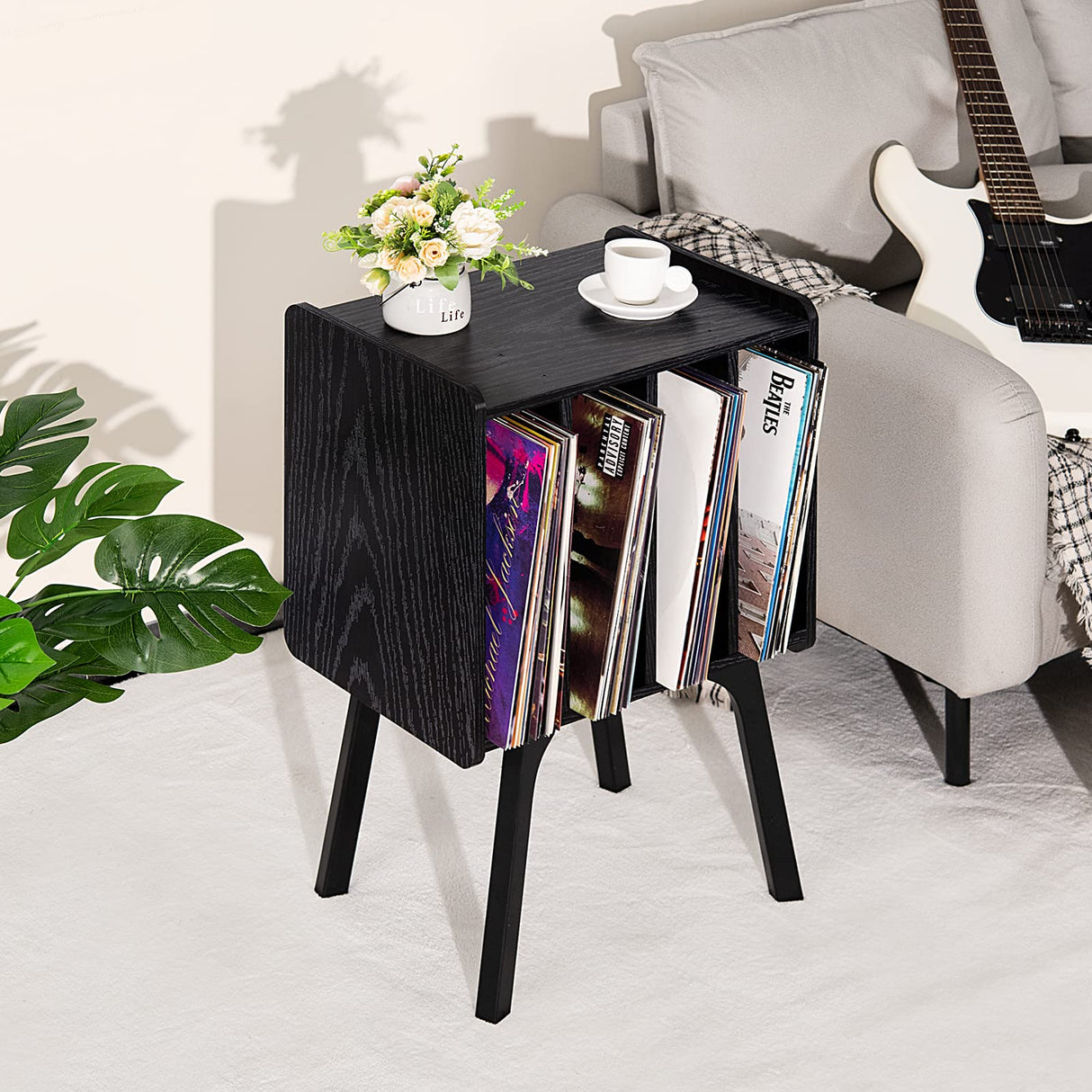 LELELINKY Record Player Stand,Black Vinyl Record Storage Table with 4 Cabinet Up to 100 Albums,Mid-Century Turntable Stand with Wood Legs,Vinyl Holder Display Shelf for Living Room LELELINKY