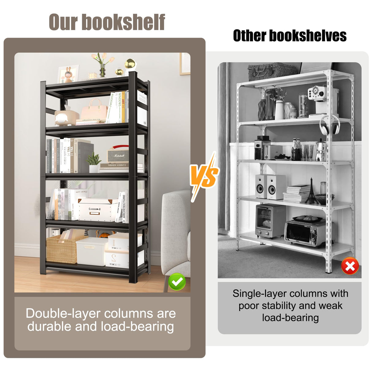 72" H Industrial Bookshelf&Bookcase, 5 Tier Adjustable Tall Book Shelves, Freestanding Modern Display Shelf Units, Metal Open Storage Shelving Organizer for CD/Movie/Book, Space Saving(Black) Metallitrend