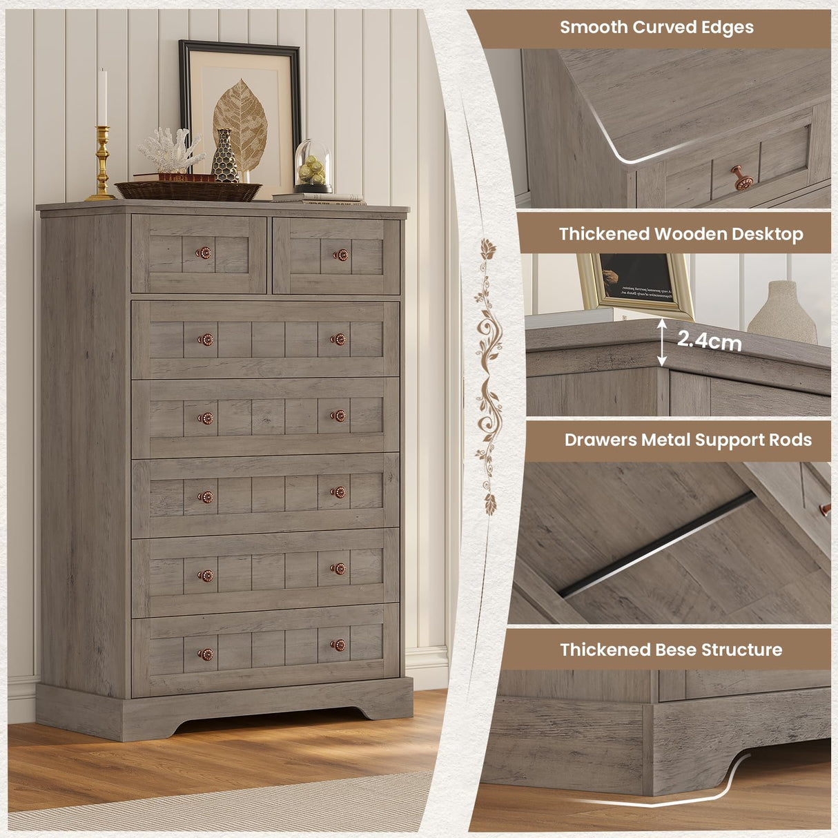 Hasuit Farmhouse Dresser for Bedroom, 7 Drawers Dresser, 51.4"Tall Dressers Chest of Drawers with Hand Carved Panel, Large Wood Closet Storage Organizer Rustic Dressers for Bedroom Living Room Hallway Hasuit