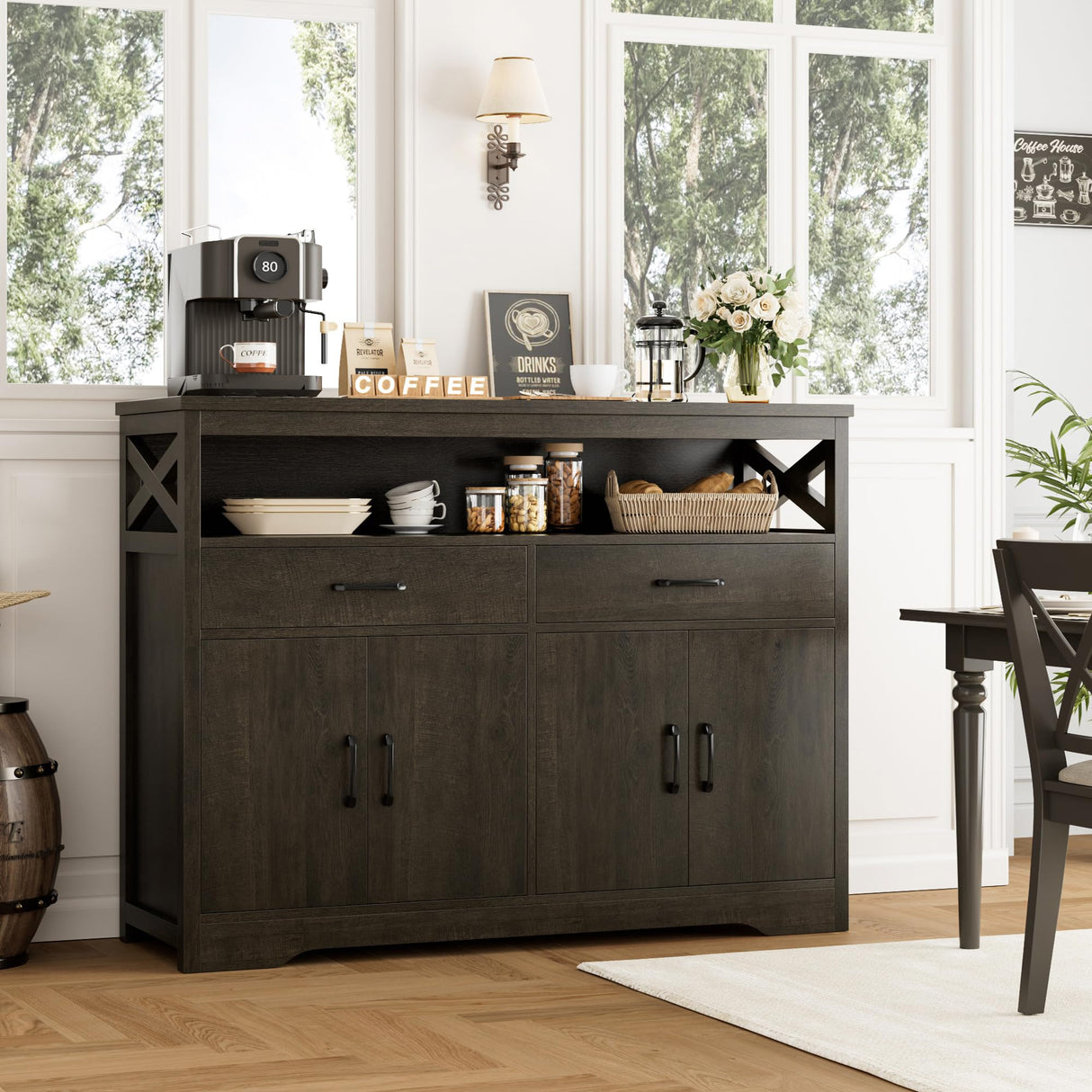 HOSTACK 47" Modern Farmhouse Sideboard Buffet Cabinet, Wood Buffet Storage Cabinet with Drawers & Shelves, Large Coffee Bar Cabinet with Storage, Microwave Stand for Kitchen, Dining Room, Dark Brown HOSTACK