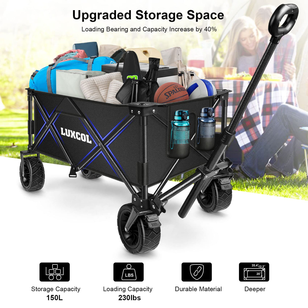 LUXCOL Collapsible Folding Wagon, Heavy Duty Utility Beach Wagon Cart for Sand with Big Wheels, Adjustable Handle&Drink Holders for Shopping, Camping,Garden and Outdoor LUXCOL