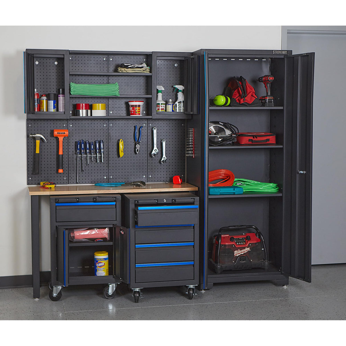 Strongway Steel Garage Storage System with Drawers, Pegboard, Shelves, Tabletop, 2 Rolling Cabinets, 81.5in. x 75.7in. Strongway