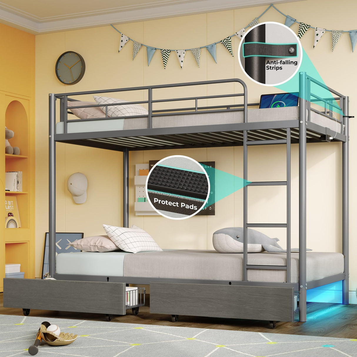 Rolanstar Metal Bunk Bed Twin Over Twin with USB Charging Station, LED Bunk Bed with 2 Storage Drawers, Bed with Safety Guardrail & Ladders, No Box Spring Needed, Easy Assembly, Grey Rolanstar