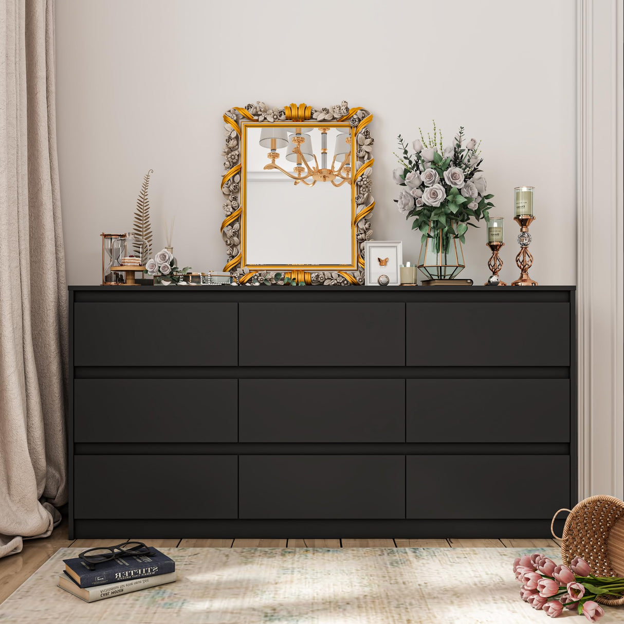 Hitow 9 Drawer Dresser for Bedroom with Deep Drawers, Large Floor Wood Dressers & Chest of Drawers Handle Free, Modern Black Long Dressers for Closet Living Room (63" W x 15.7" D x 31.5" H) Hitow
