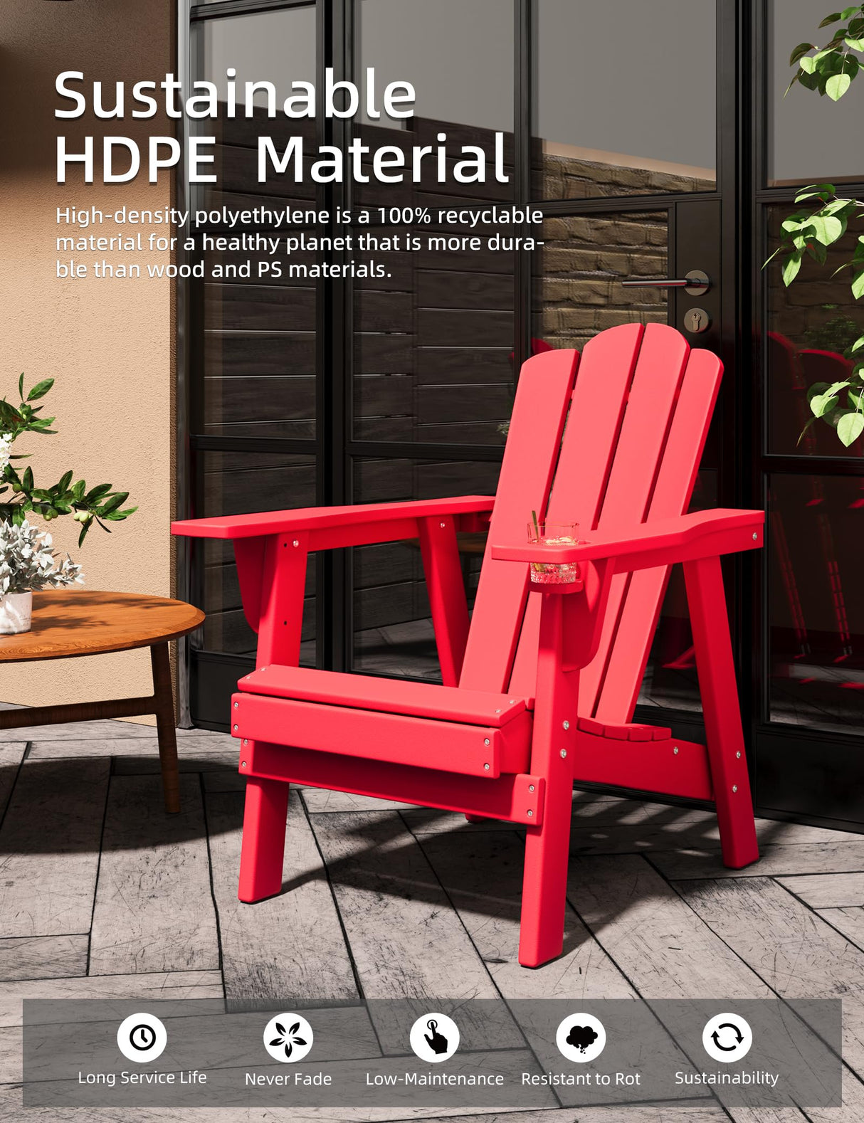 BUPPLEE Adirondack Chair - Durable HDPE Poly Lumber All-Weather Resistant, Oversized Balcony Porch Patio Outdoor Chair for Lawn, Backyard, Deck, Garden, Camping - Easy Installation, Red BUPPLEE
