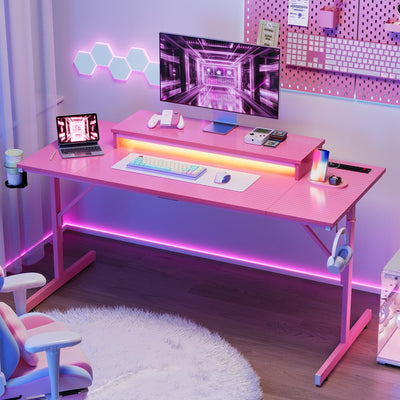 Bestier 52 Inch Gaming Desk with Power Outlets and USB Charging Ports, LED Small Computer Desk with Monitor Stand, Home Office Desk with Cup Holder & Headset Hooks, Desk for Office, Carbon Fiber Pink