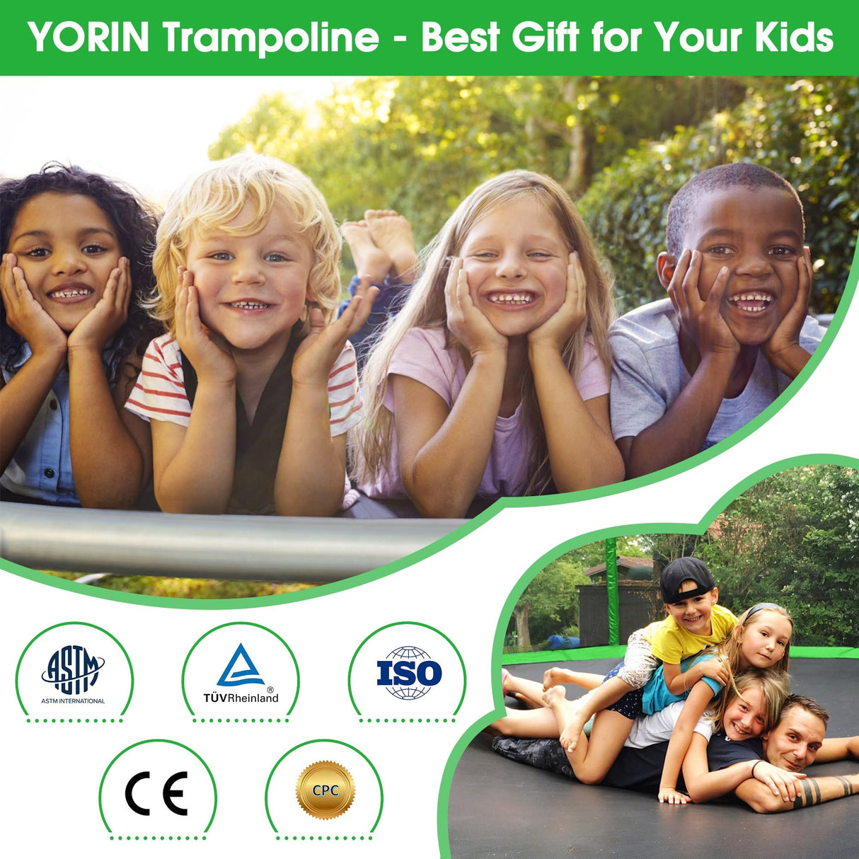 YORIN Tranpoline 16FT Tranpoline for Kids 1500LBS Tranpoline with Basketball Hoop, Enclosure Net, Back Yard Outdoor Recreational Tranpolines with Light, Sprinkler, Socks, Amazing Green YORIN