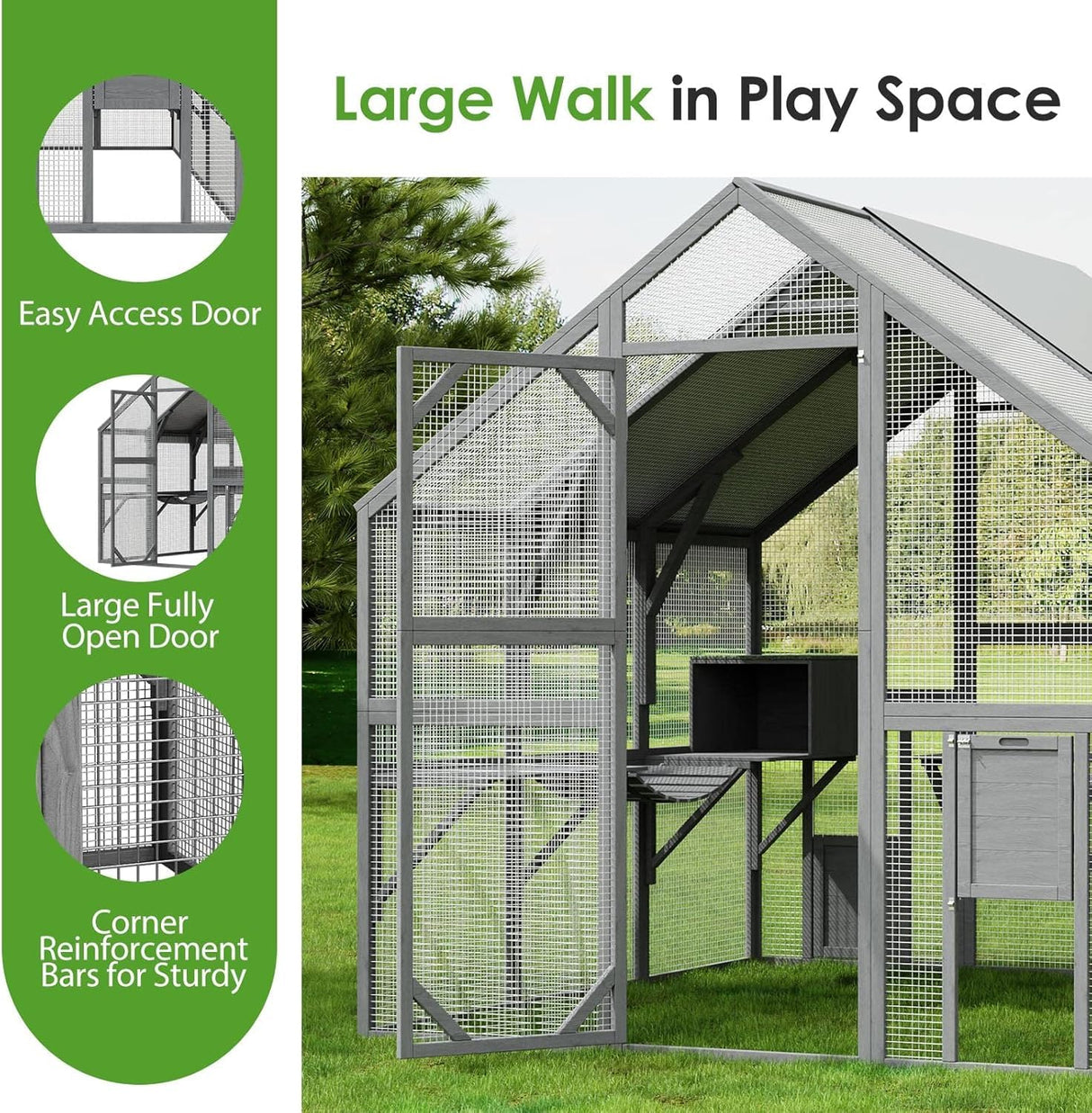Lovinouse 43ft² Large Outdoor Cat House Catio, Luxury Wooden Cat Run Enclosure Walk in Kitten Condo with 2 Doors, 2 Playpen & Hiding Houses, Bridges, Walks, Roof Cover,Grey Lovinouse