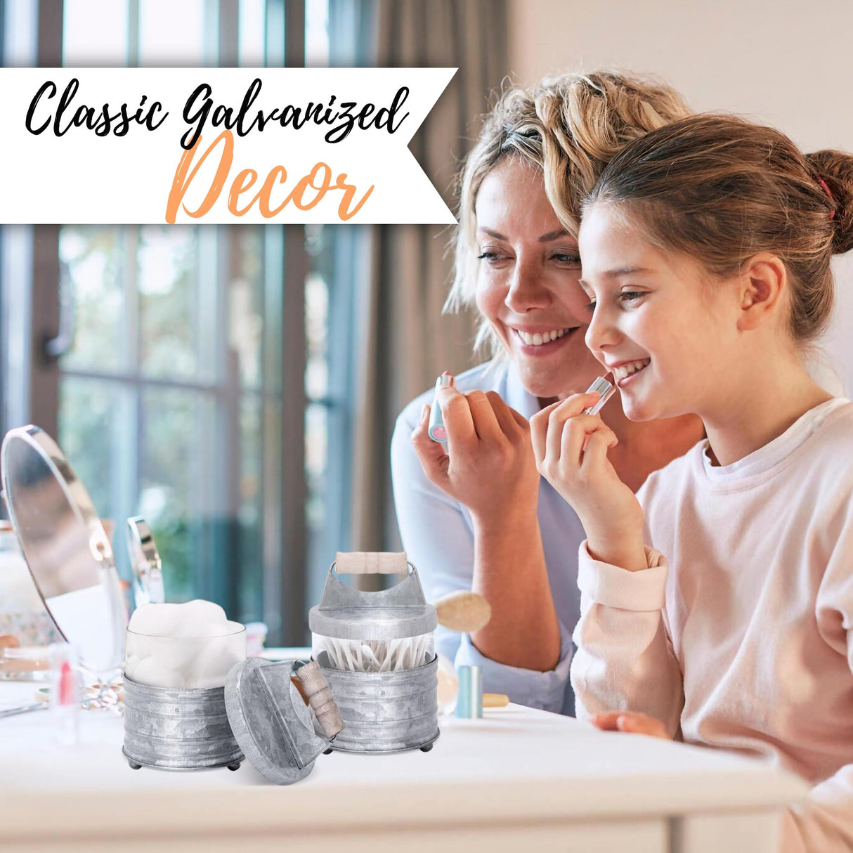 Autumn Alley Galvanized Bathroom Apothecary Jars Set, Farmhouse Bathroom Jars Qtip Holder Glass Dispenser- Rustic Vanity Organizer with Lids for Cotton Balls, Swabs, Rounds, Bath Salts 2-Glass Jars Autumn Alley