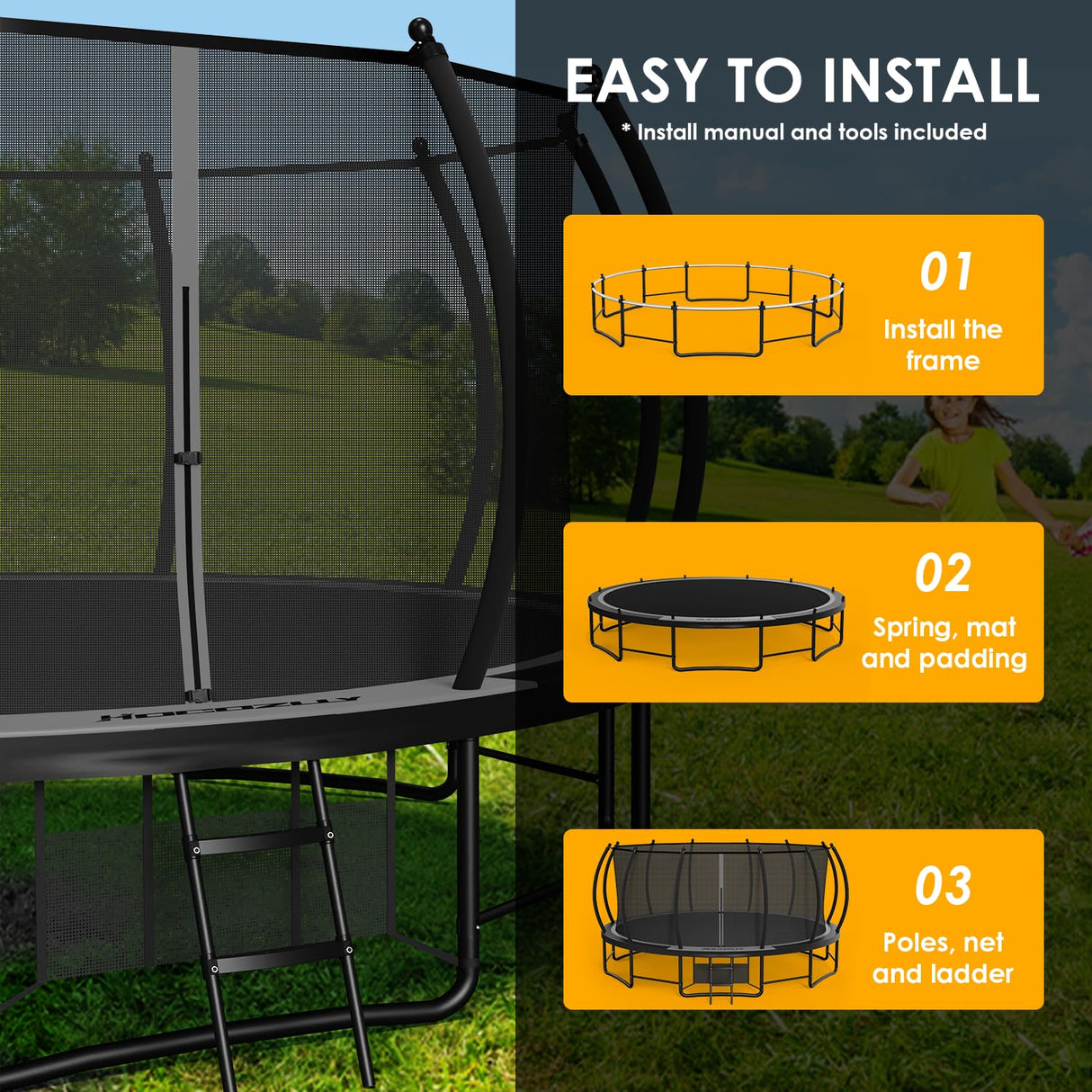 Hocozlly Outdoor Trampoline 16FT for Kids, ASTM Approval Recreational Trampoline with Enclosure, Reinforced Trampolines with Thickened Pole & Non-Slip Wider Ladder (Grey) Hocozlly