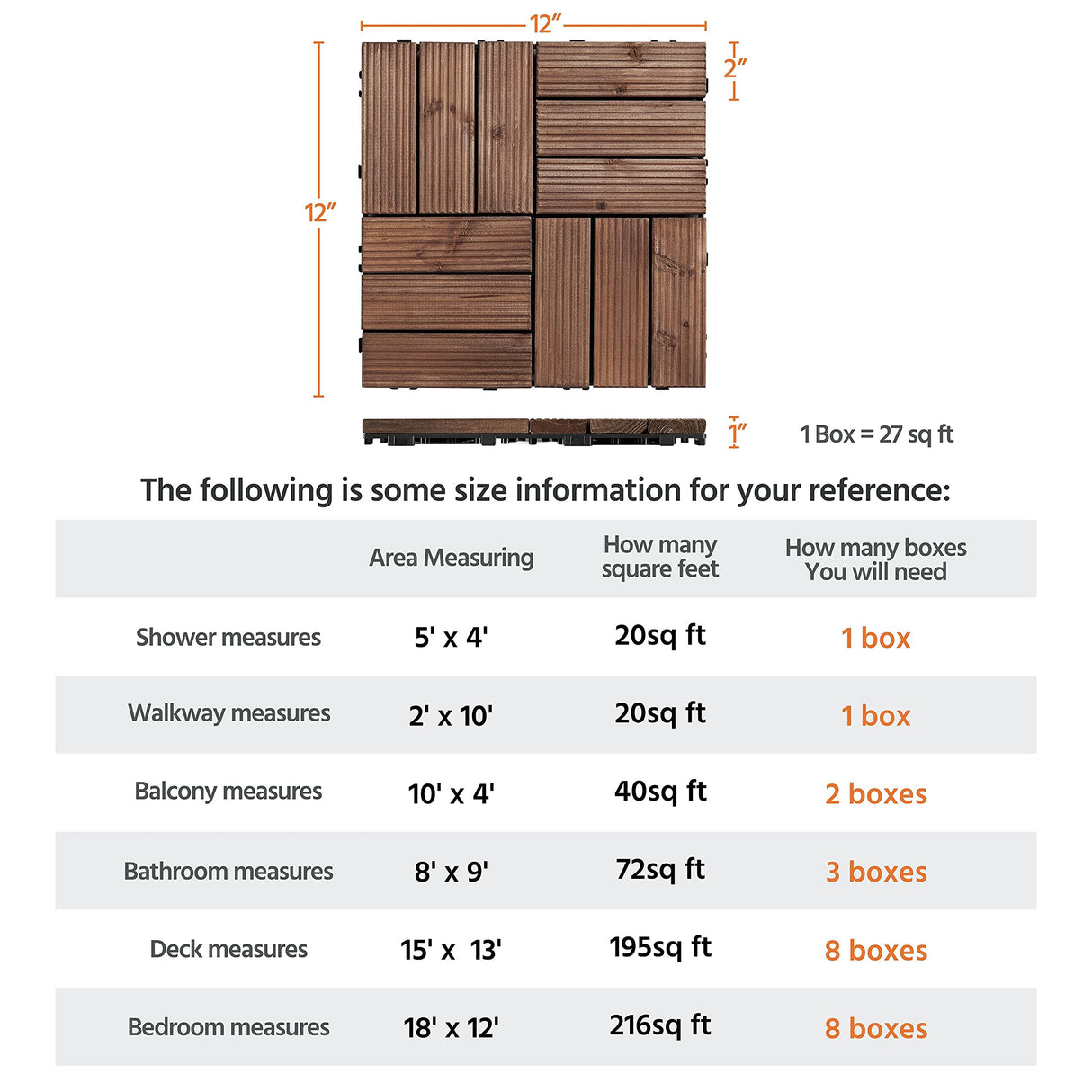 Yaheetech 27PCS Wooden Decking Tiles 12 x 12in Hardwood Interlocking Patio Deck Tiles Composite Balcony Floor Covering for Platform Patio Garden Pathway 1 sq. ft, Brown Yaheetech