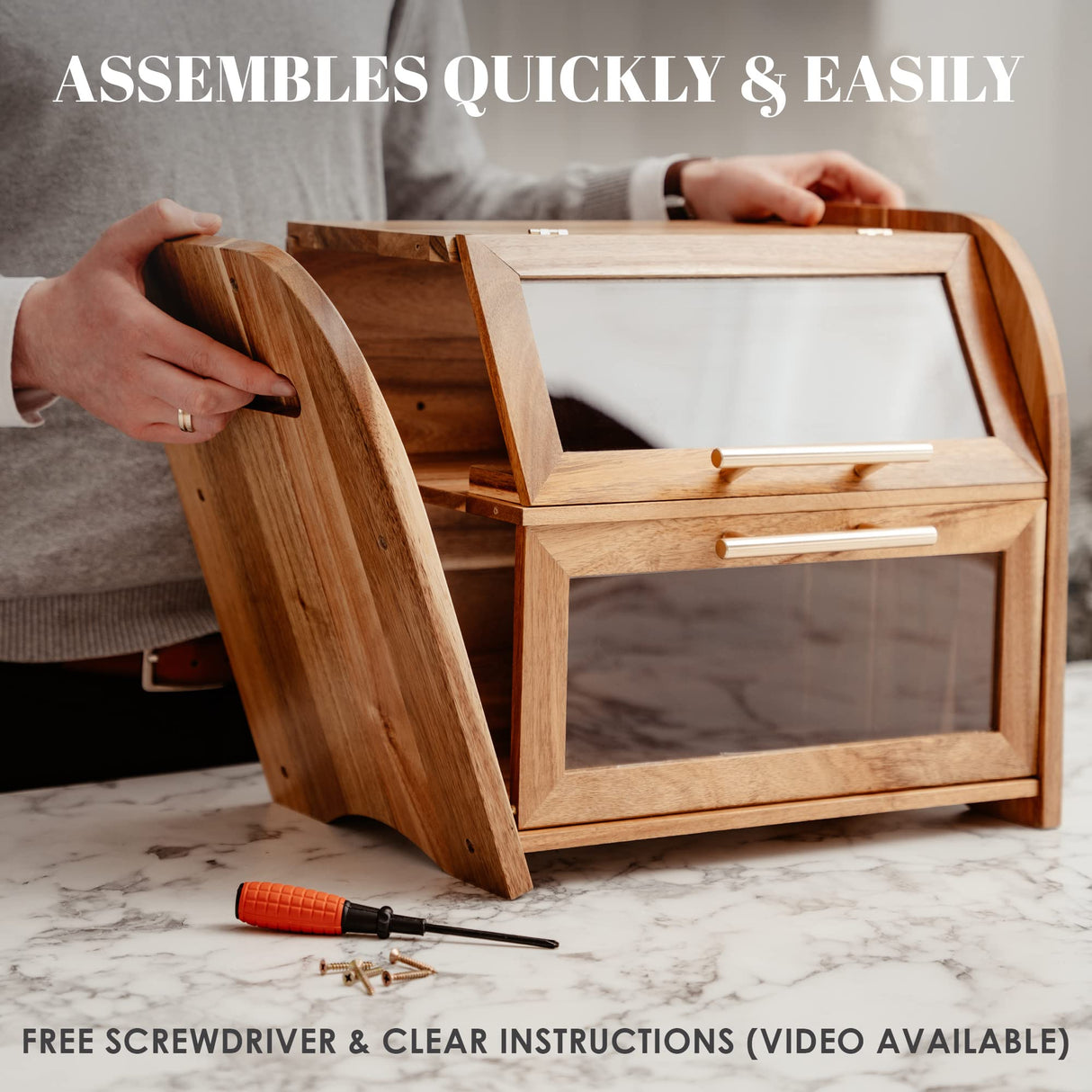 Arise Stylish Acacia Bread Box for Kitchen Countertop, Extra Large 2-Shelf Wooden Bread Storage Container with Clear Windows and Air Vents Keep Bread, Bagels and Rolls Fresh, Self Assembly Apace Living