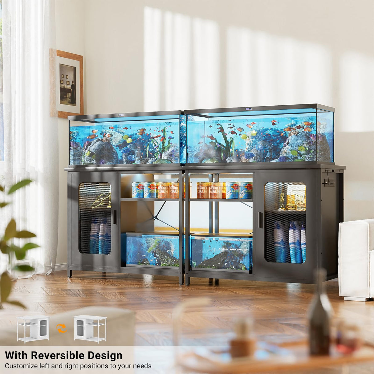 Unikito 20-29 Gallon Fish Tank Stand with Power Outlets & LED Light, Reversible Metal Aquarium Stand with Cabinet for Fish Tank Accessories Storage, Suitable for Reptile Terrarium, Turtle Tank, Black Unikito