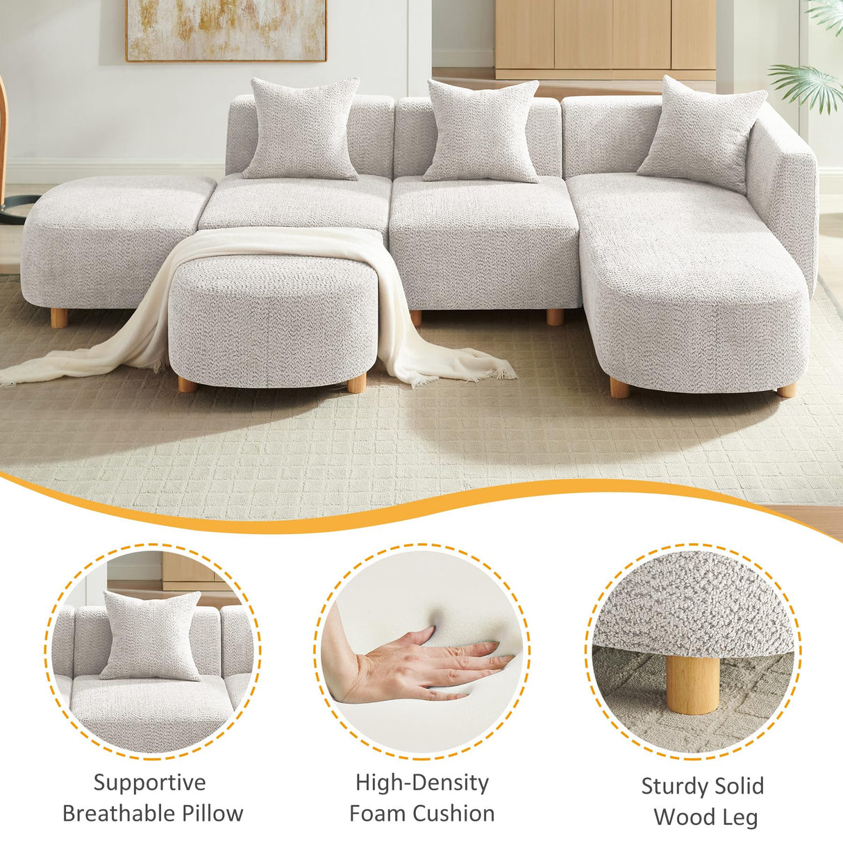 VANOMi 109.84" Modular Sectional Sofa with 3 Pillows, Convertible 5-Seater Comfy Boucle Cloud Couch with Ottoman, Modern Sectional Sofas for Living Room, Office, Apartment (Camel) VANOMi