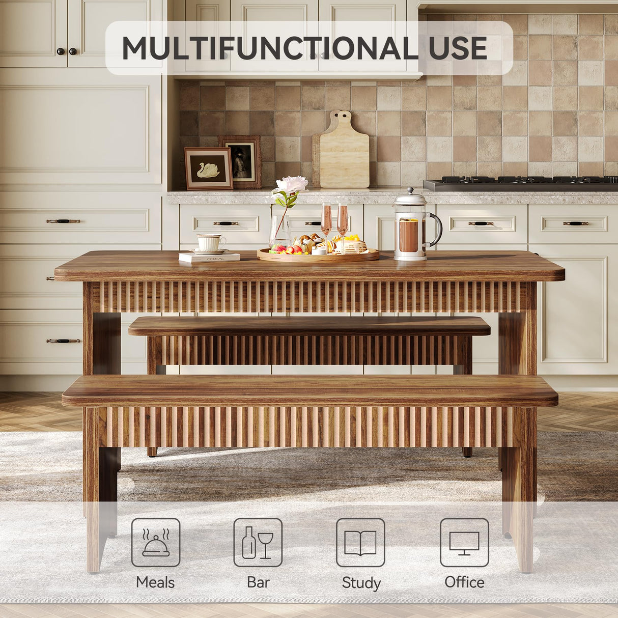 LITTLE TREE 55" Dining Table with 2 Benches, Dining Table Set for 4-6 People, Farmhouse Kitchen Table with Bench, Dining Room Table Set LITTLE TREE