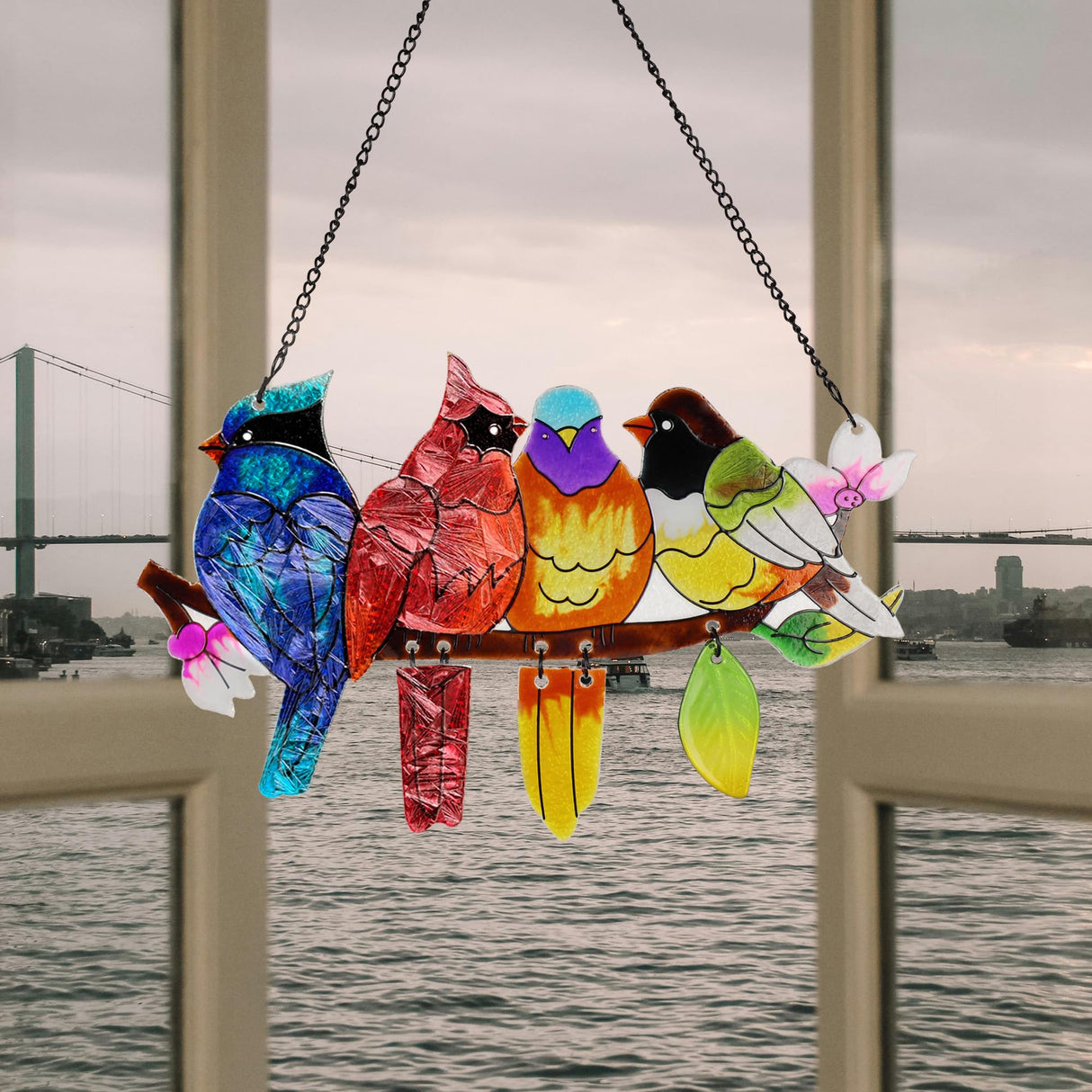 DASTOLL Stained Glass Window Hanging, Birds on A Branch Stain Glass Suncatcher, Hand-Painted Sun Catchers Indoor Window Decoration Bird Lover Gift for Mom, Grandma, Stocking Stuffers for Women DASTOLL