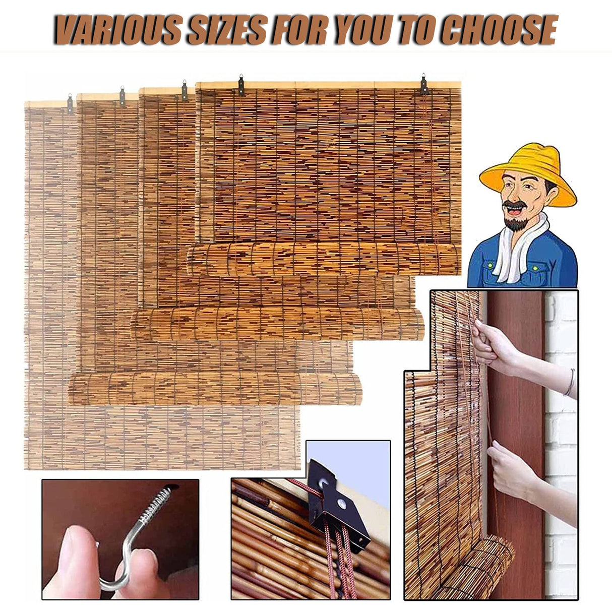 Patio Shades Roll Up Outdoor Bamboo Blinds for Outdoor Patio Bamboo Roll Up Shades, Bamboo Shades for Patio Outdoor Blinds for Porch Bamboo Roll Up Blinds 33×59in(W×H) Brown OCAZI