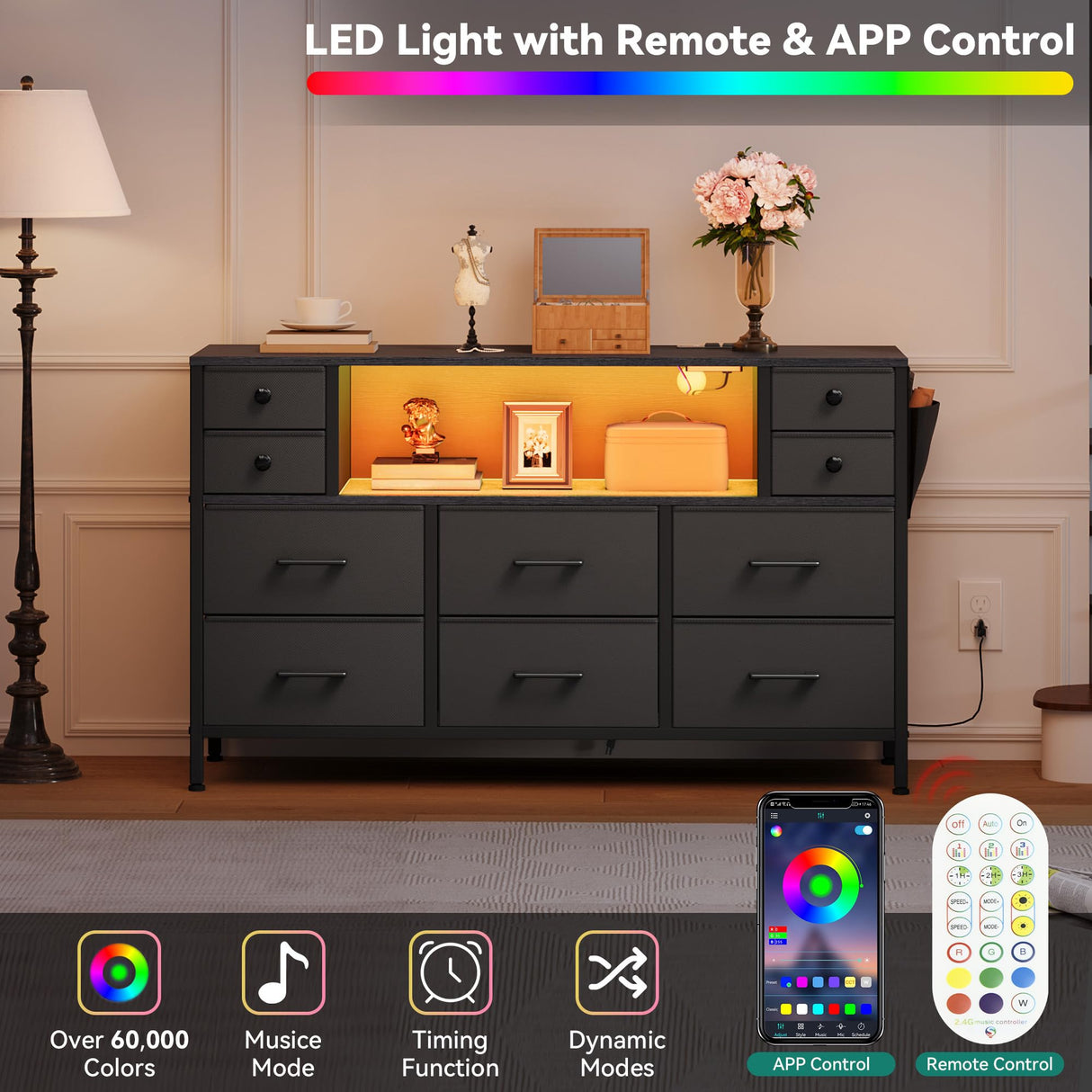 YITAHOME TV Stand with Charging Station, Dresser TV Stand for 55'', 10 Drawer Dresser for Room, Media TV Console Table with Side Pockets & Hooks, Storage Fabric Drawer Unit for Room YITAHOME