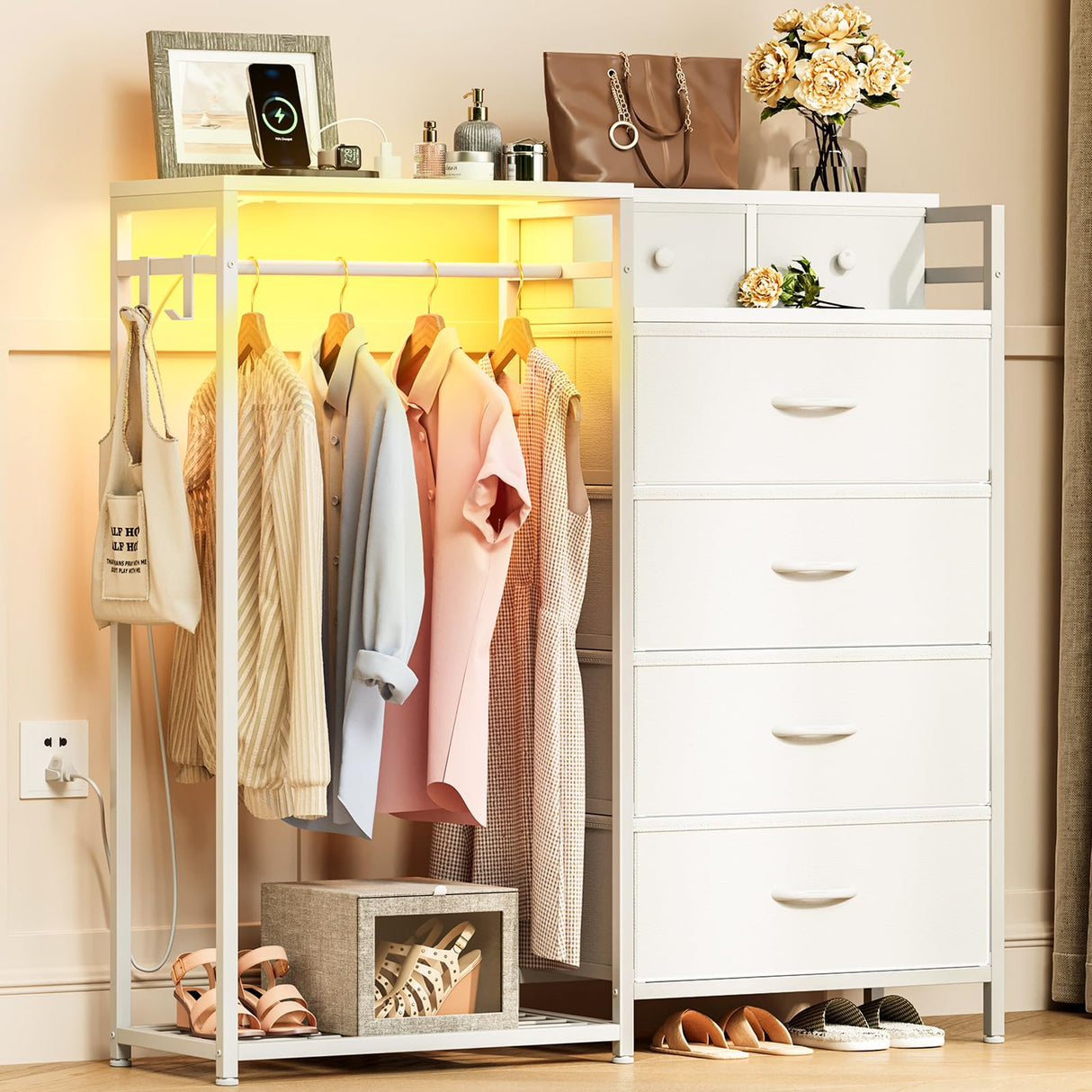 KKL 43" W White Dresser for Bedroom with Hanging Rack, Reversible 6 Drawers Dresser with Led Lights & Charging Station, Fabric Closet Dressers & Chest of Drawers with Clothes Rack for Girls, Kids KKL