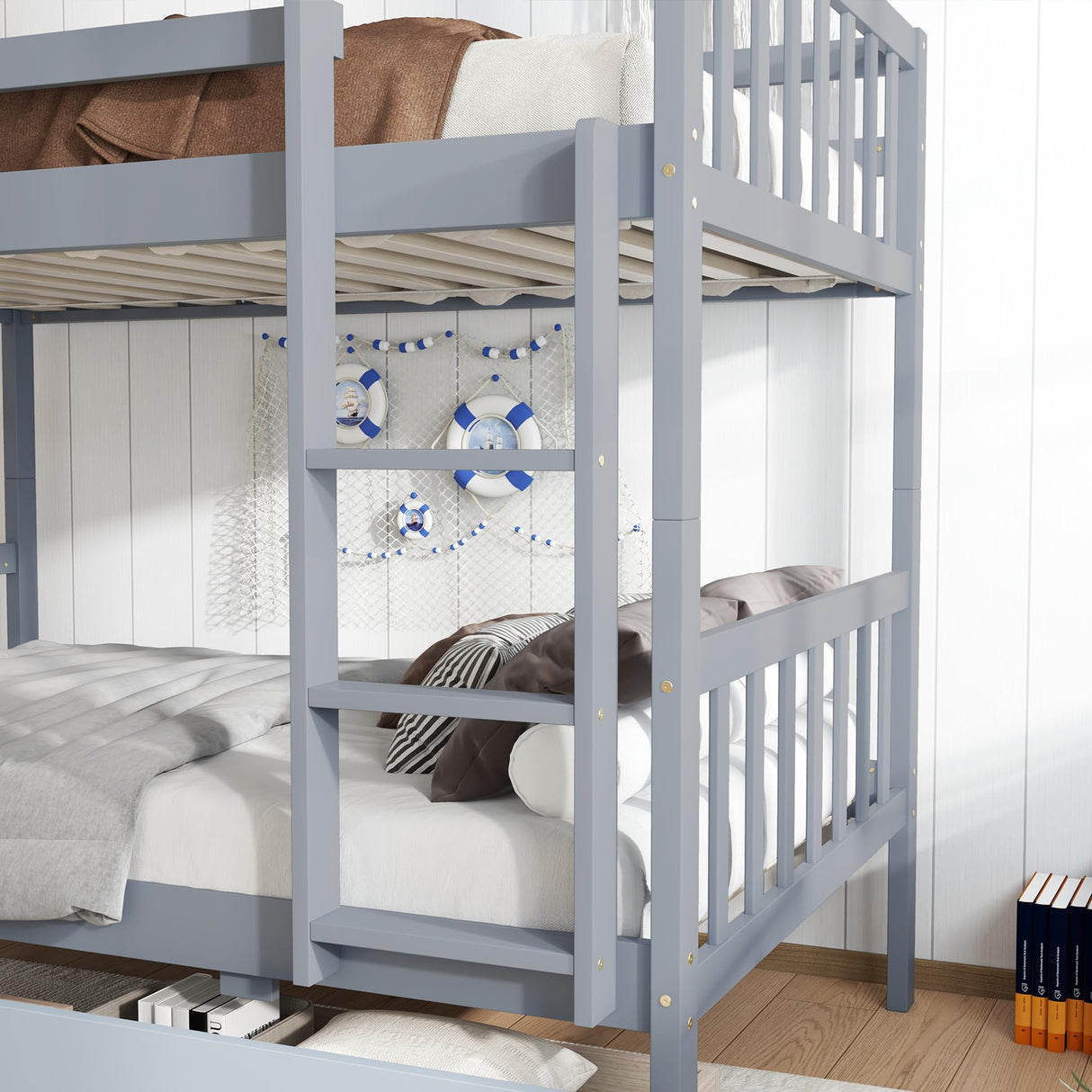Twin Over Twin Bunk Bed with Storage Drawers, Solid Wood bunk Bed with Ladders and Raised Guardrails for Kids, Convertible into 2 Twin Beds, Bunk Bed Twin Over Twin, Grey Bellemave