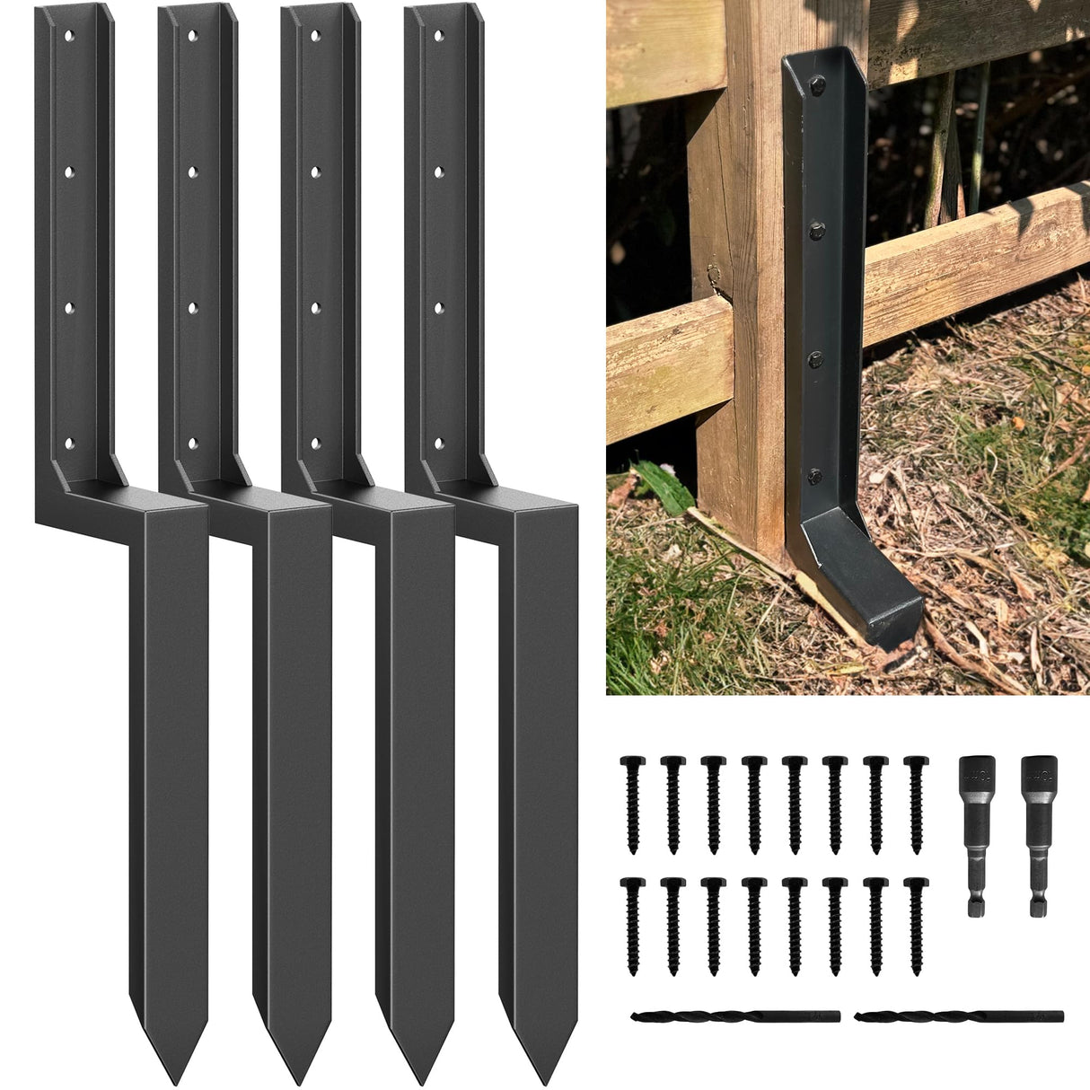AKINGKONG Thicker Steel Fence Post Repair Kit, Anchors Ground Spikes, Decking Posts, Support Garden Broken 4x4/6x6 Wood Fence Post Stakes (Thicker 11-Gauge, 4 Pack/Black) akingkong