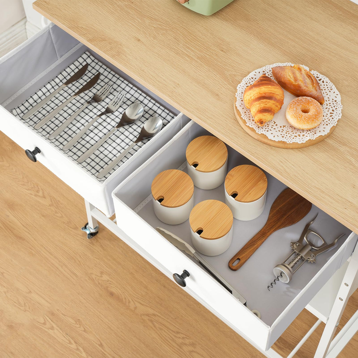 HOOBRO Kitchen Island with Storage, Rolling Island Cart for Kitchen with 2 Drawers & Outlet, 3 Tier Coffee Station and Microwave Stand, Kitchen Island Table for Home, Natural and White WN08UZD01 HOOBRO