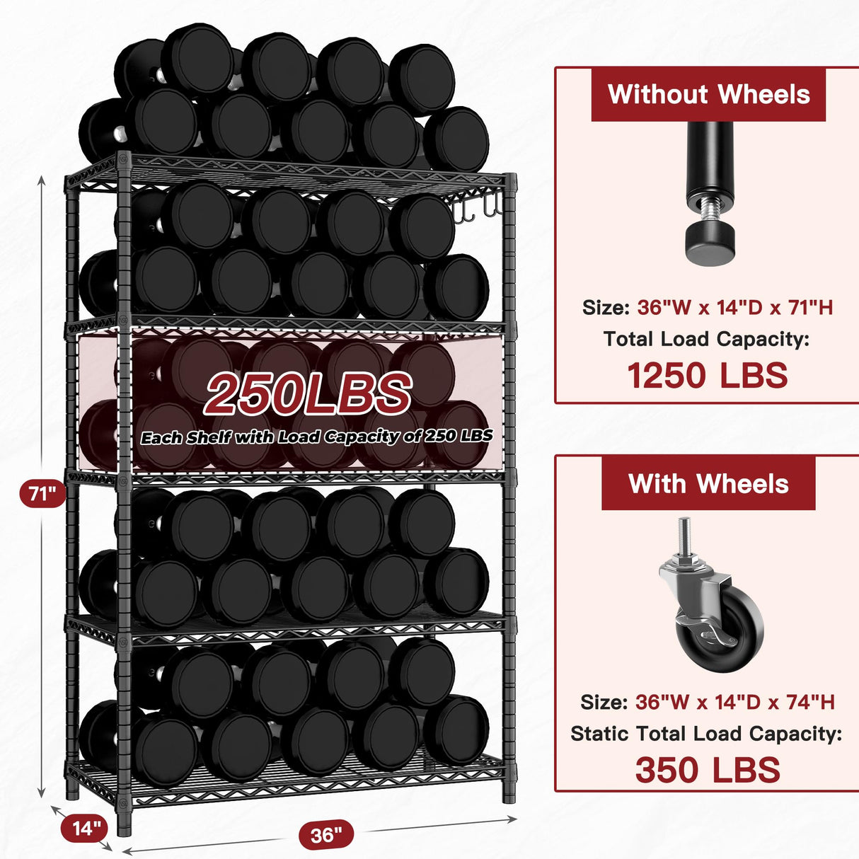 PrimeZone 74''H Wire Shelving 1250lbs 5 Tier Storage Shelves with Wheels NSF Certified Heavy Duty Steel Metal Shelf Adjustable Rolling Rack Kitchen Garage Closet Pantry Laundry 74''HX36''WX14''D PrimeZone