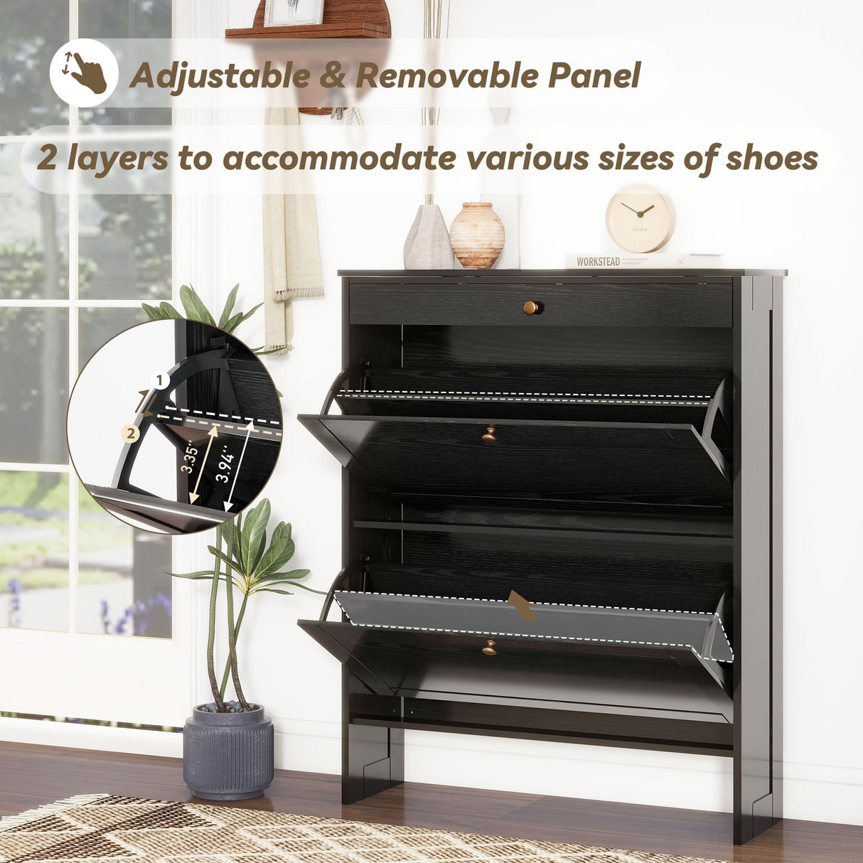 FTZxHKLX Black Narrow Shoe Storage Cabinet with 2 Flip Drawers,Freestanding Hidden Shoe Organizer for Entryway,Shoe Rack Closed Cabinet for Behind Door Entrance, Living Room, Apartment FTZxHKLX