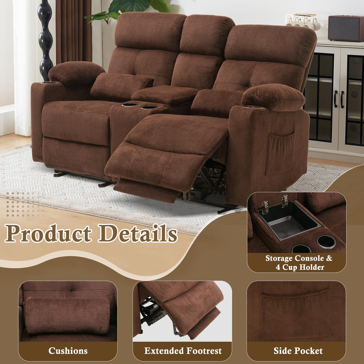 PALLOME Power Loveseat Recliner Sofa with Console, Loveseat Reclining Sofa with Heat & Massage, Home Theater Seating with Lumbar Pillow for Living Room, RV Recliner Loveseat (Velvet, Coffee) PALLOME