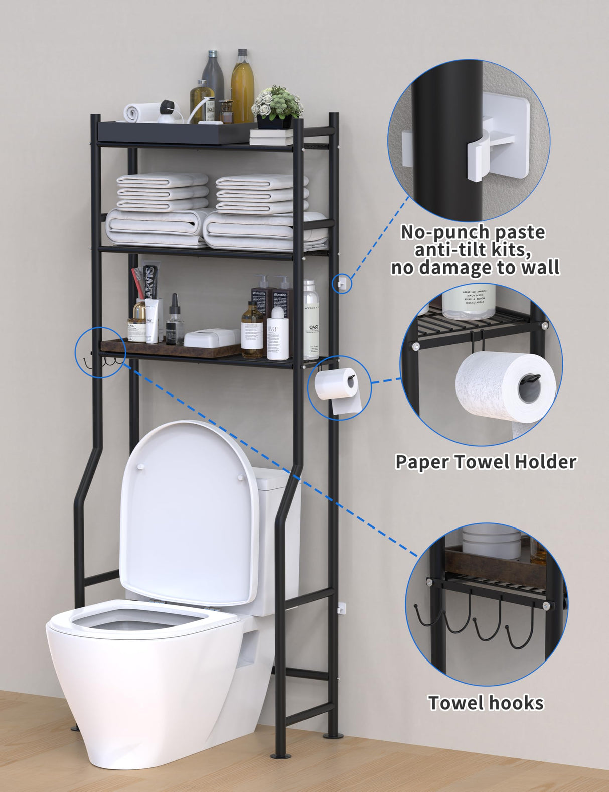 Livilord 3-Tier Over The Toilet Storage, Freestanding Metal Bathroom Shelves with 4 Hooks, Over Toilet Storage Shelf with Paper Holder, Above The Toilet Shelf for Bathroom Storage, Black Livilord