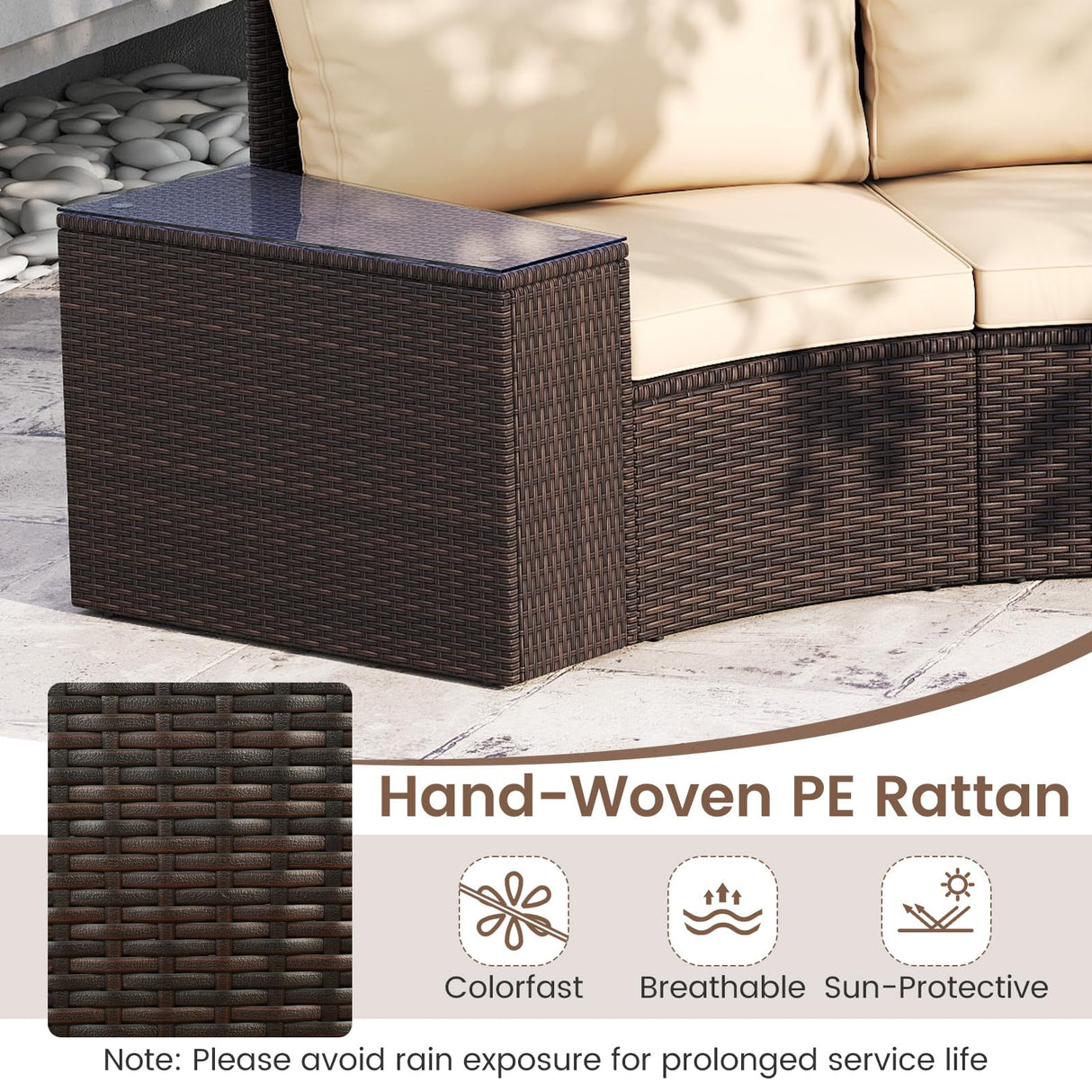 Tangkula 5 Pieces Patio Furniture Set, PE Rattan Half-Moon Curved Sectional Sofas with Tempered Glass Top Side Tables, Outdoor Conversation Set for Porch, Backyard & Poolside (Beige) Tangkula