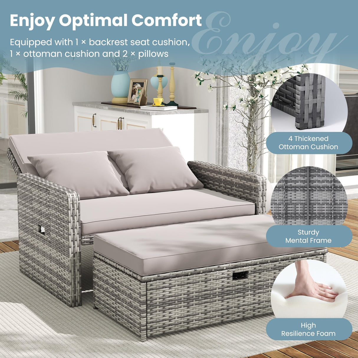 Amopatio Wicker Outdoor Daybed - Outdoor Loveseat with Storage Ottoman,4-Level Adjustable Backrest & Cushions, Patio Loveseat for Yard, Balcony, Porch, Garden, Poolside(Grey) Amopatio