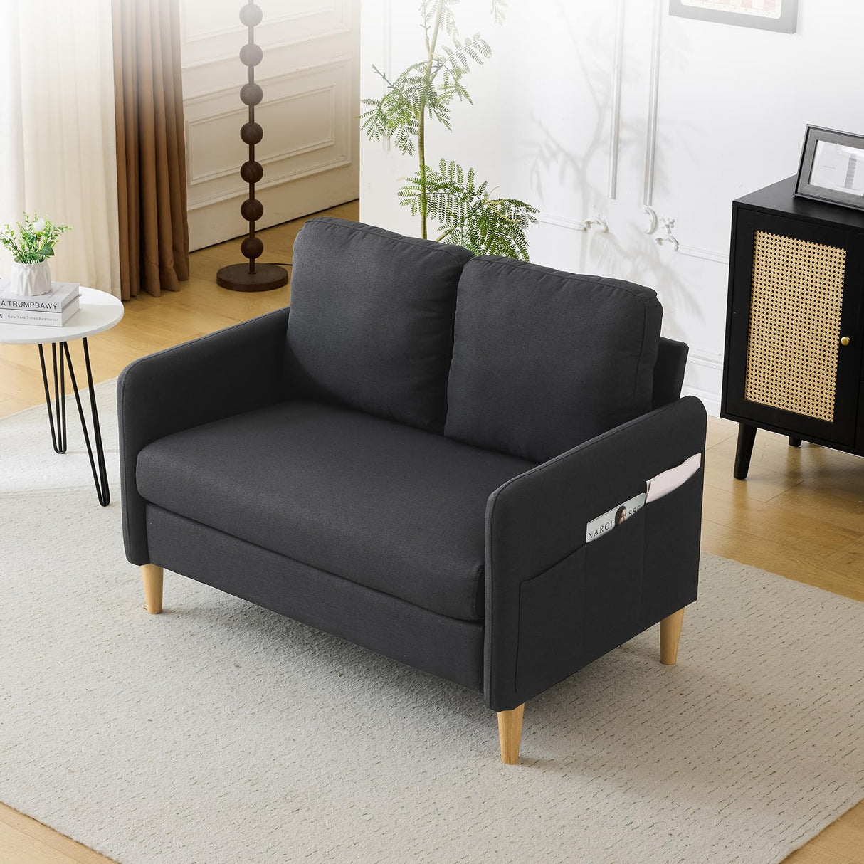 VINGLI 47" Small Couch, Linen Loveseat Sofa Black Mini Couch Mid Century Modern Decor Love Seat for Small Spaces Living Room, Bedroom, Play Room VINGLI