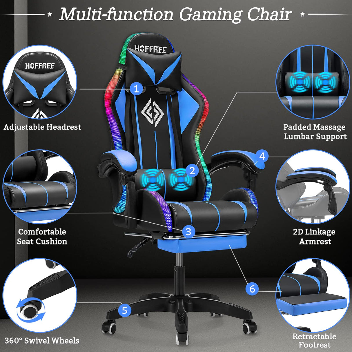 Gaming Chair Massage with LED Lights and Ergonomic Computer Gaming Chair with Footrest High Back Video Game Chairs with Adjustable Lumbar Support Blue and Black VANSPACE