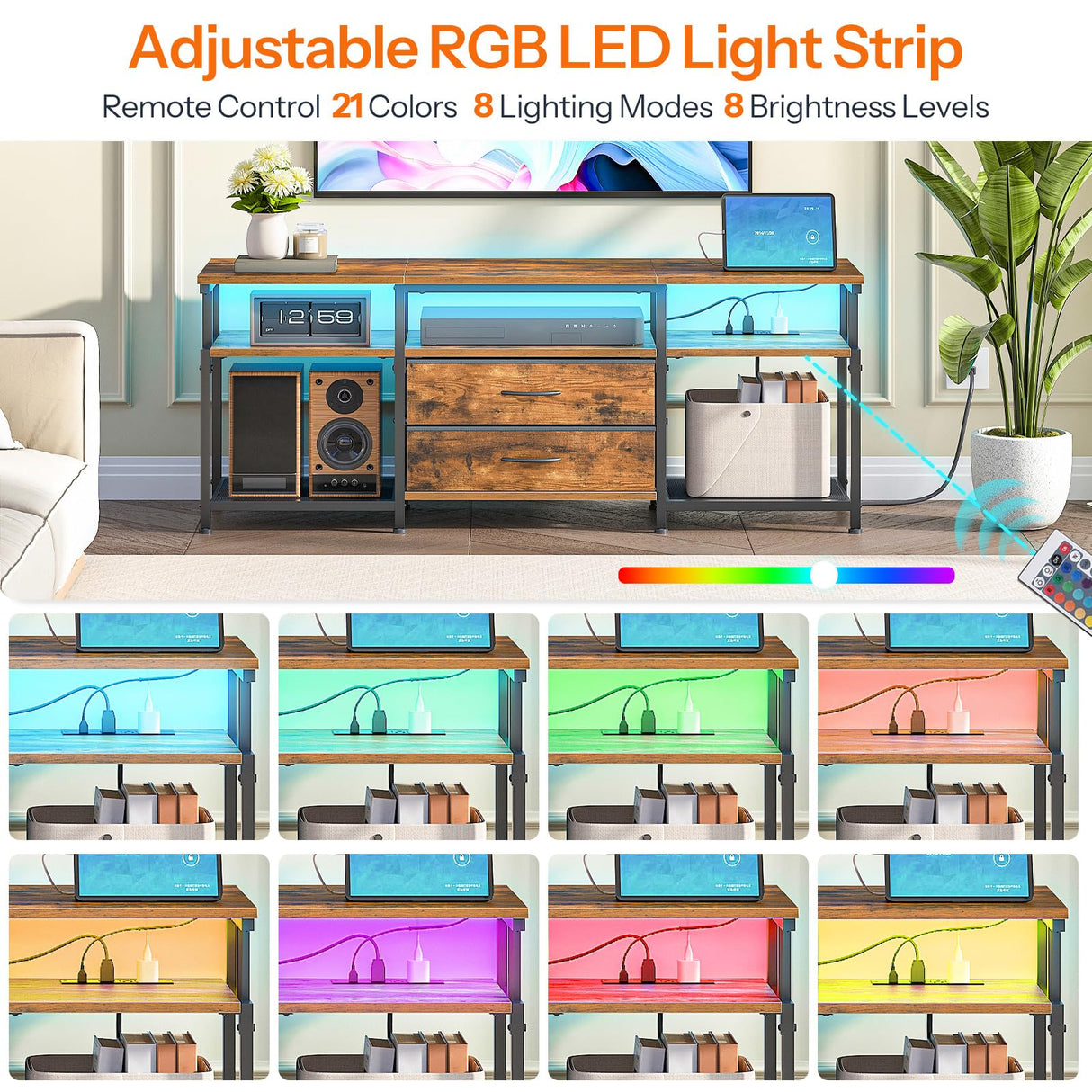 HOOBRO TV Stand with Power Outlet and LED Light, Entertainment Center for TVs Up to 65 Inch, Modern Media Console Table with 2 Non-Woven Drawers, for Living Room, Bedroom, Rustic Brown BF54UDDS01 HOOBRO