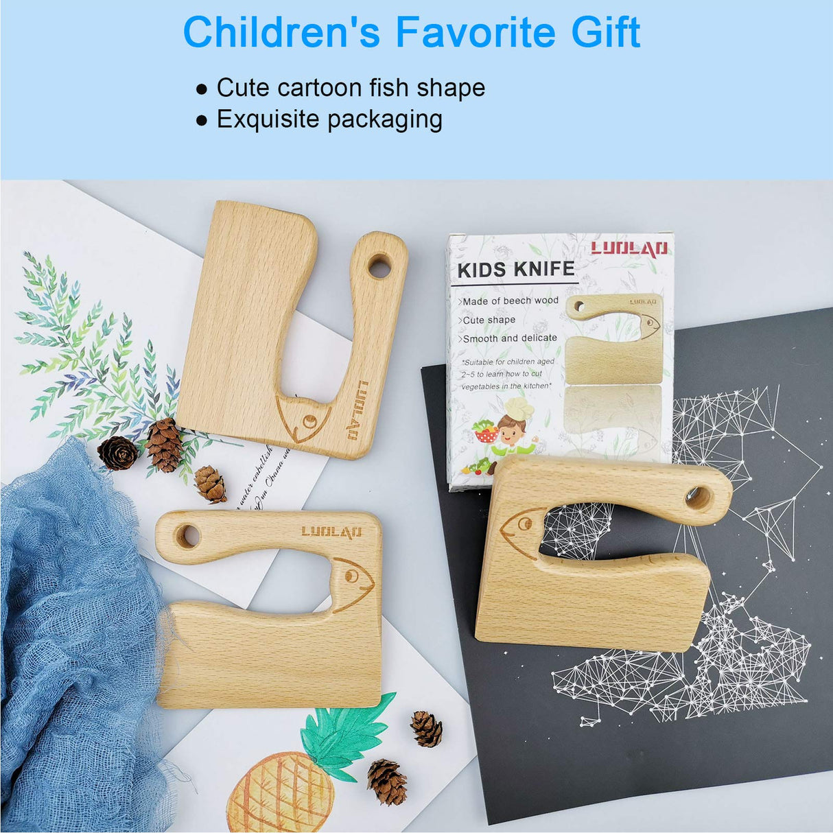 LUOLAO Wooden Kids Knife for Cooking and Safe Cutting Veggies Fruits, Cute Fish Shape Kids Kitchen Tools, Christmas Gifts for kids, 2-5 Years Old Applicable LUOLAO