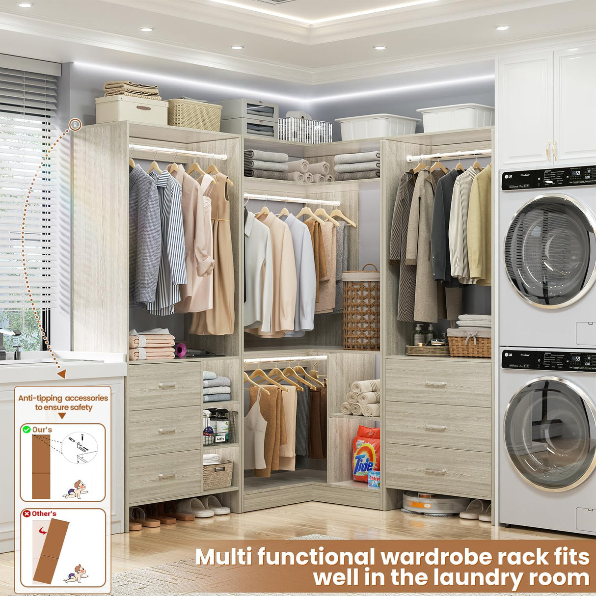 Aheaplus Closet System with 6 Drawers, 4 Hanging Rods & Corner Tower, Corner Closet System with Hanging, 86.8" L-Shaped Walk-In Wardrobe Organizer, 2000+ lbs Capacity, Set of 3, White Oak Aheaplus