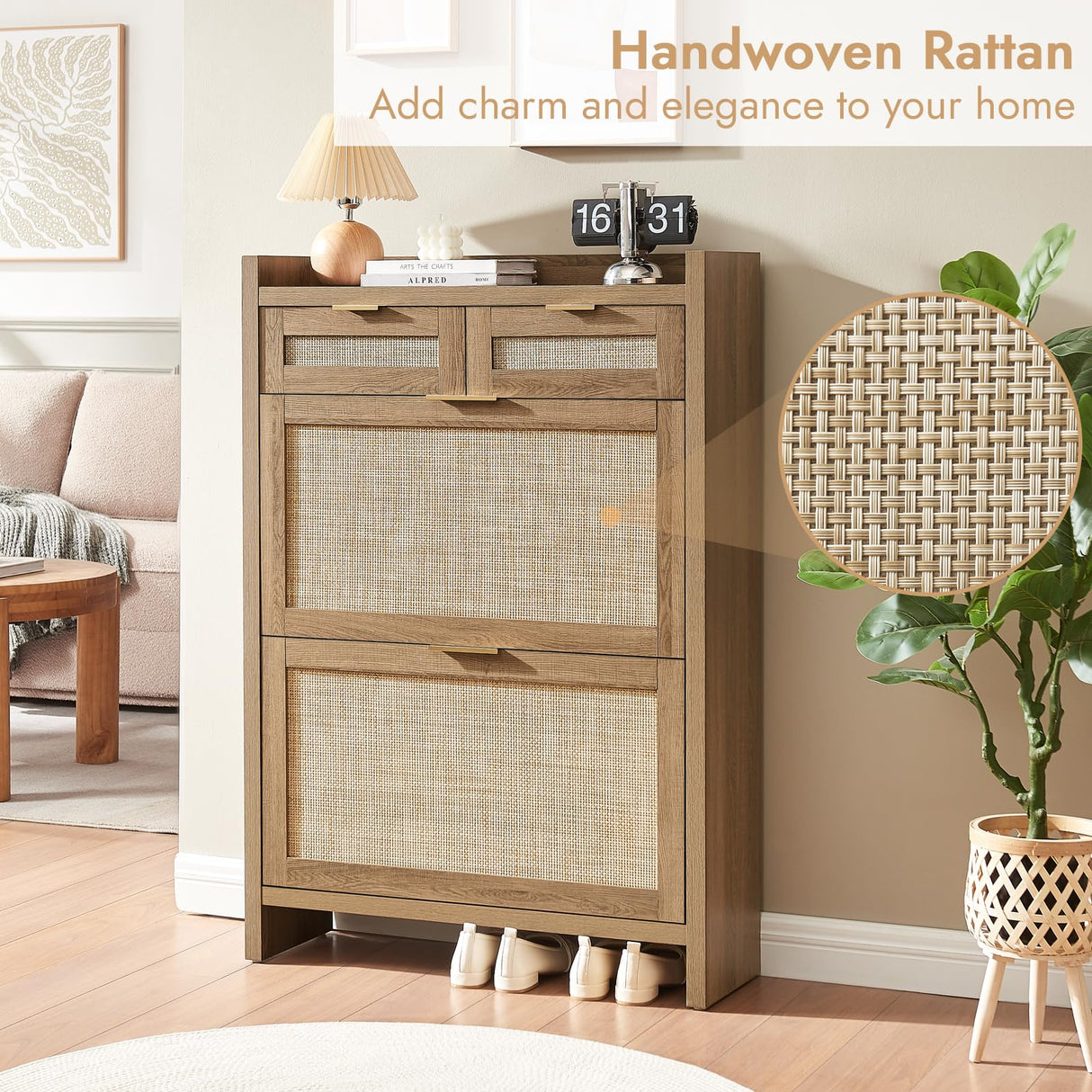 HOKYHOKY Rattan Shoe Storage Cabinet with 2 Drawers & 2 Flip Drawers – Hidden Slim Shoe Organizer for Entryway, Large Tabletop Space, Farmhouse Boho Narrow Shoe Rack, Rustic Oak HOKYHOKY