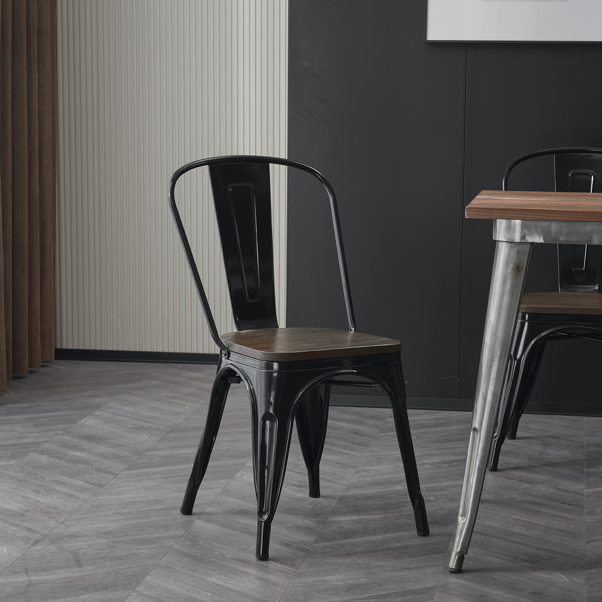 Nazhura Metal Dining Chair Farmhouse Tolix Style for Kitchen Dining Room Café Restaurant Bistro Patio, 18 Inch, Stackable, Waterproof Indoor/Outdoor (Sets of 4) (Black with Wood Padding) Nazhura