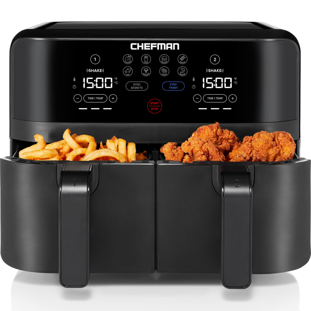 Chefman TurboFry Touch Dual Air Fryer, Maximize The Healthiest Meals With Double Basket Capacity, One-Touch Digital Controls And Shake Reminder For The Perfect Crispy And Low-Calorie Finish Chefman