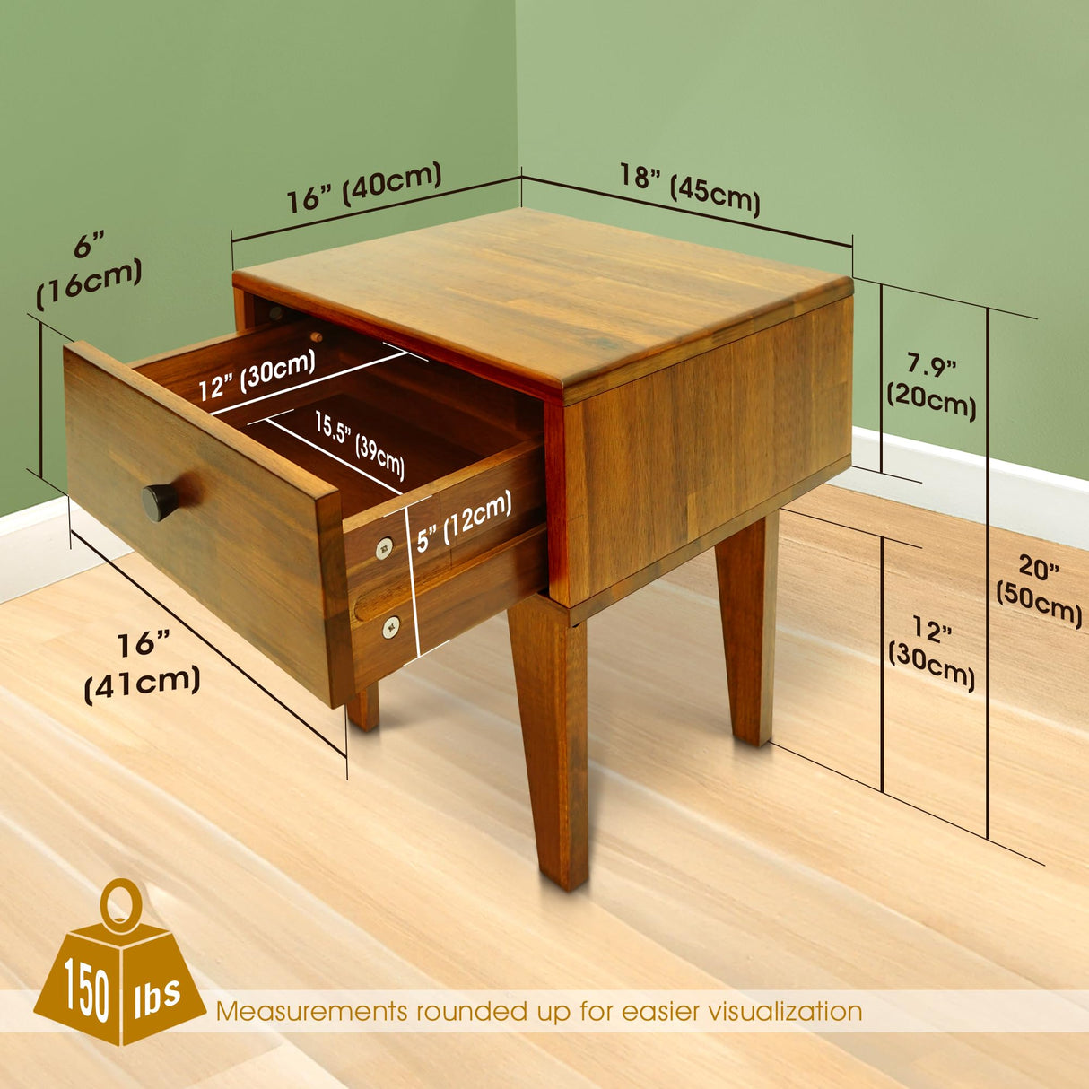 Acacia Sofia Nightstand with Drawer, Bedside Table, Solid Wood Bedside End Table with Drawer and Storage Space for Bedroom, Caramel A ACACIA FURNITURE