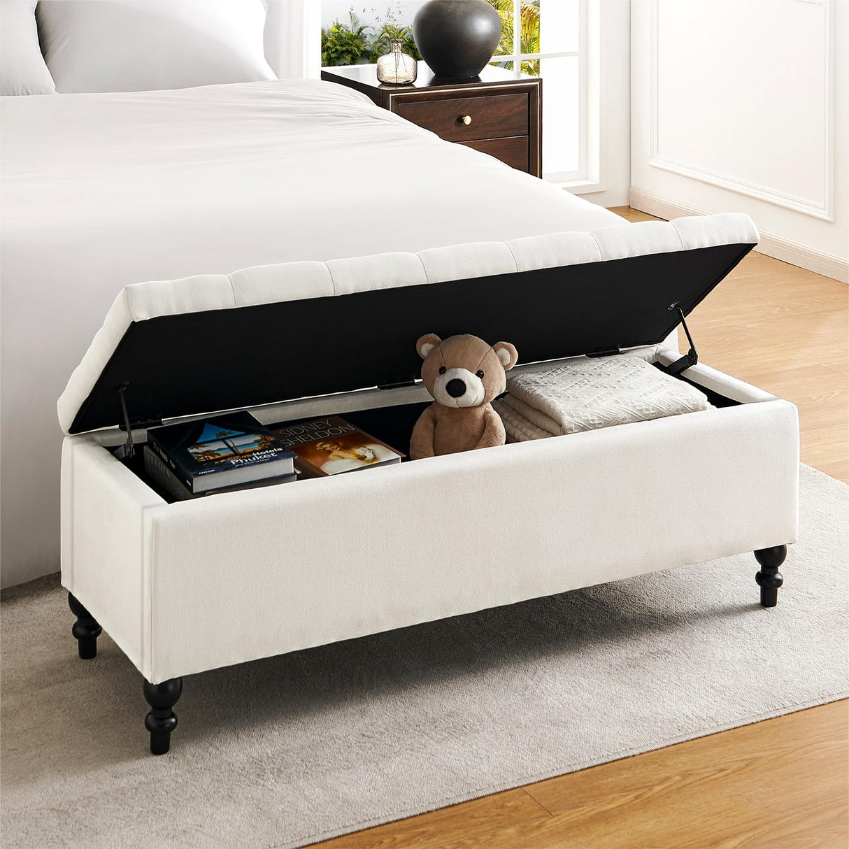 kinmars Ottoman with Storage,50.2-inch Upholstered End of Bed Storage Bench for Bedroom,for The Living Room,for Entryway, with Button and Safety Hinges,Detachable (White) kinmars