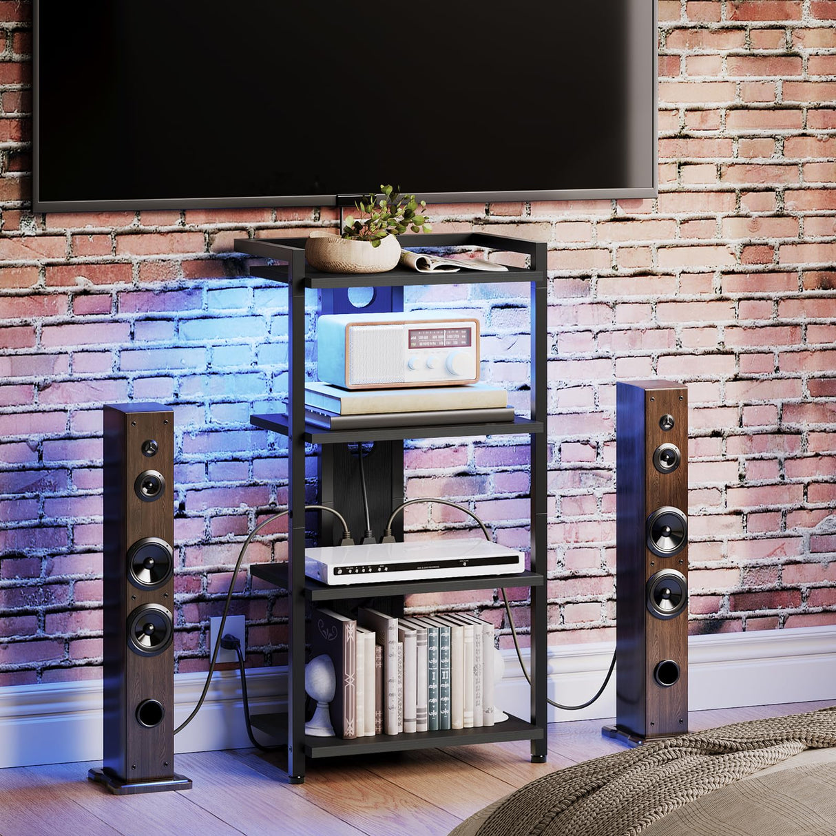 HOOBRO 4-Tier AV Media Console With Charging Station and LED Light, Wooden Stereo Cabinet, Corner TV Stand, Record Player, Entertainment Device, Black BB38UDCJ01 HOOBRO